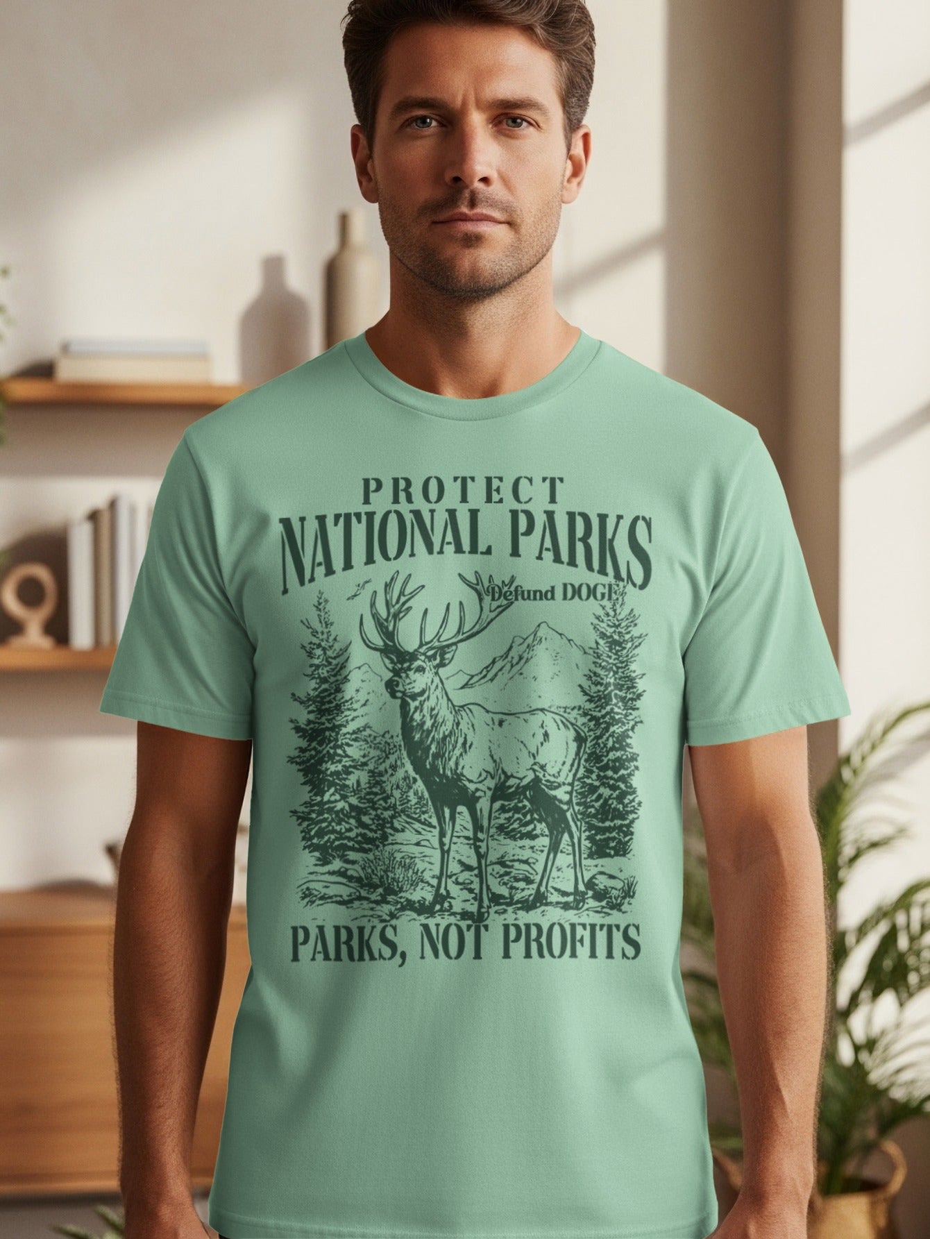 Green t-shirt with a graphic of a deer in a forest, mountains, and text: PROTECT NATIONAL PARKS. PARKS, NOT PROFITS.