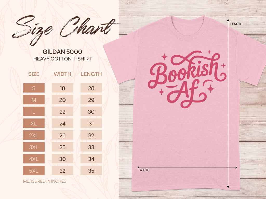 Gildan 5000 heavy cotton t-shirt size chart with width and length measurements in inches.