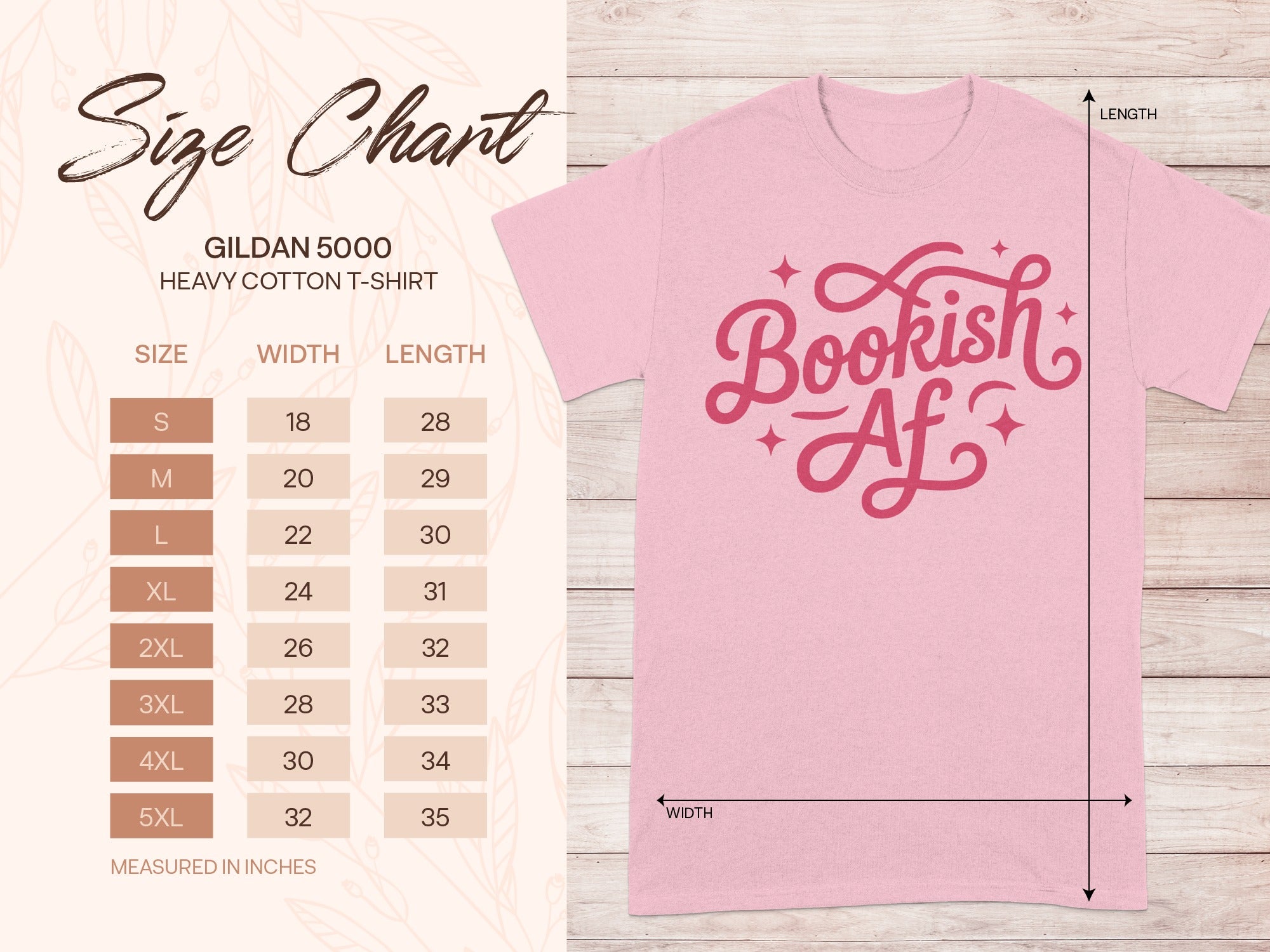 Gildan 5000 heavy cotton t-shirt size chart with width and length measurements in inches.