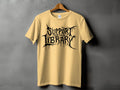 Light yellow t-shirt with black gothic text reading "SUPPORT YOUR LOCAL LIBRARY".