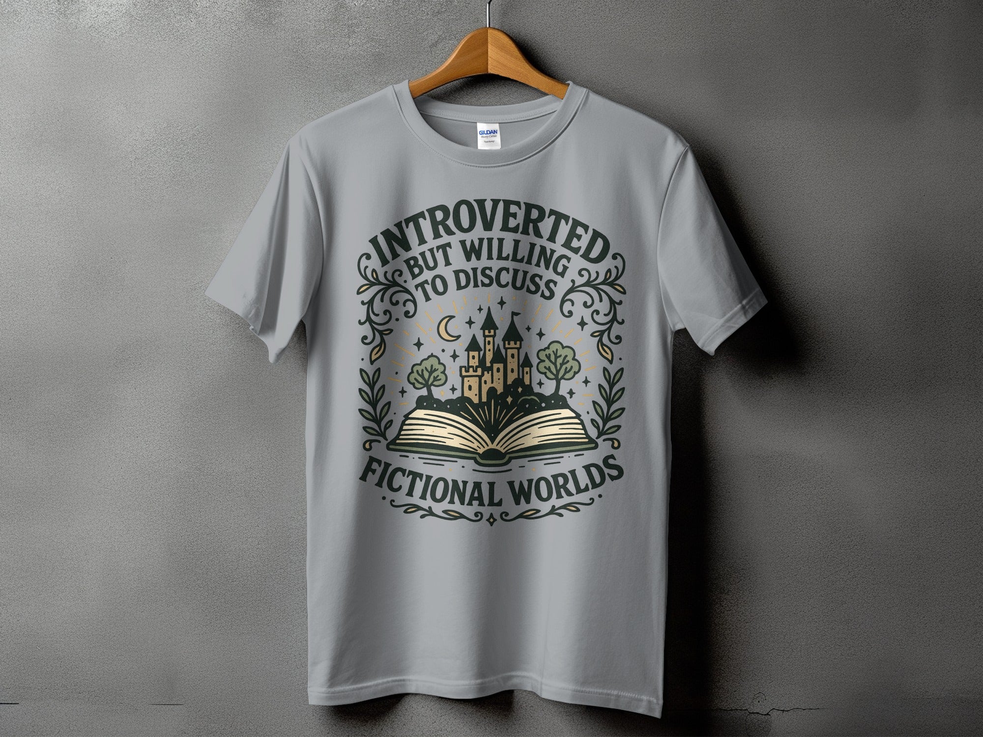 Grey t-shirt with "Introverted but willing to discuss fictional worlds" text and castle design.