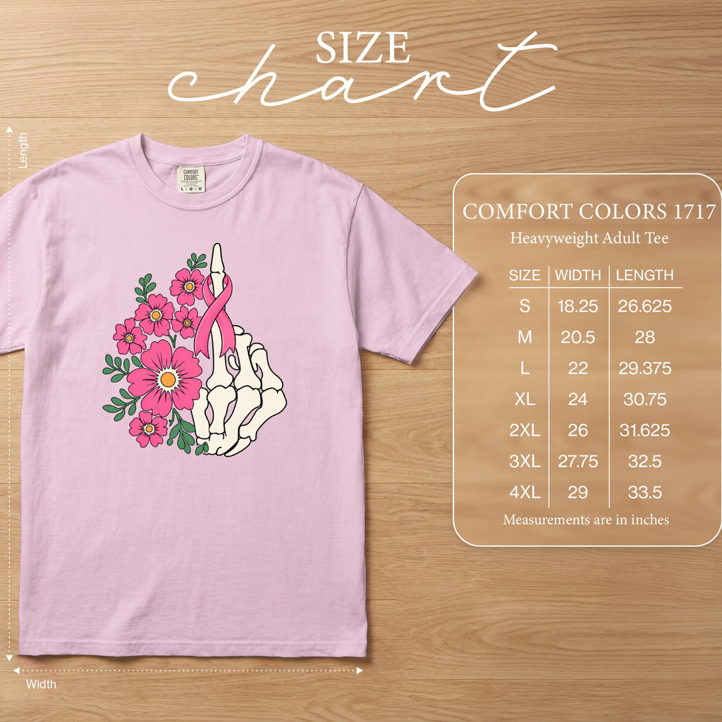 Pink t-shirt with skeleton hand, pink ribbon, and flowers graphic and size chart.