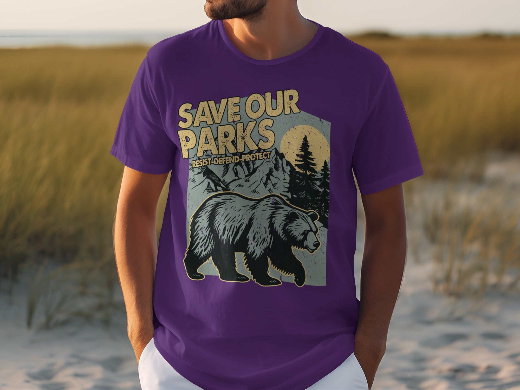 Purple t-shirt with "Save Our Parks" and bear graphic.