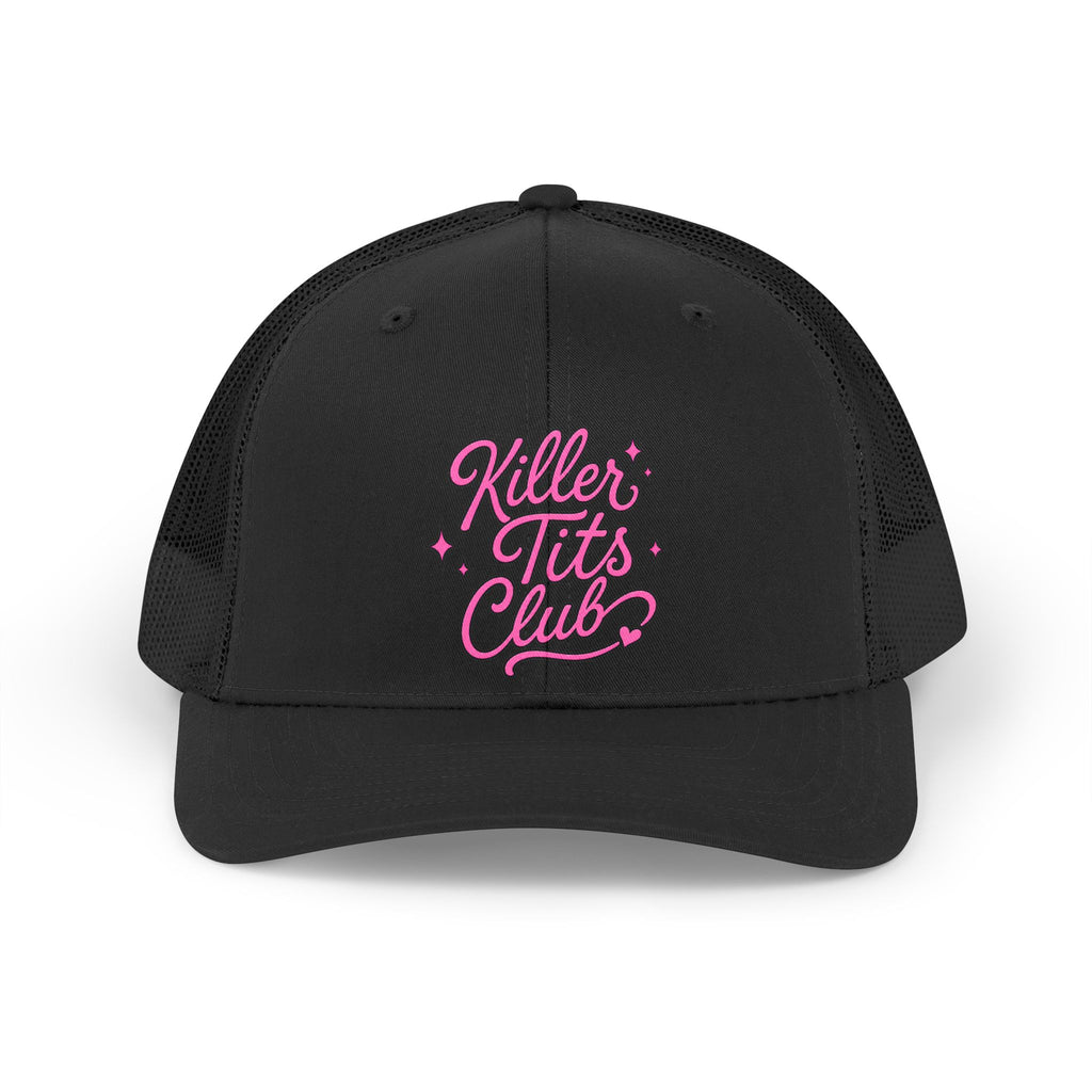 Black trucker hat with "Killer Tits Club" text in pink cursive.
