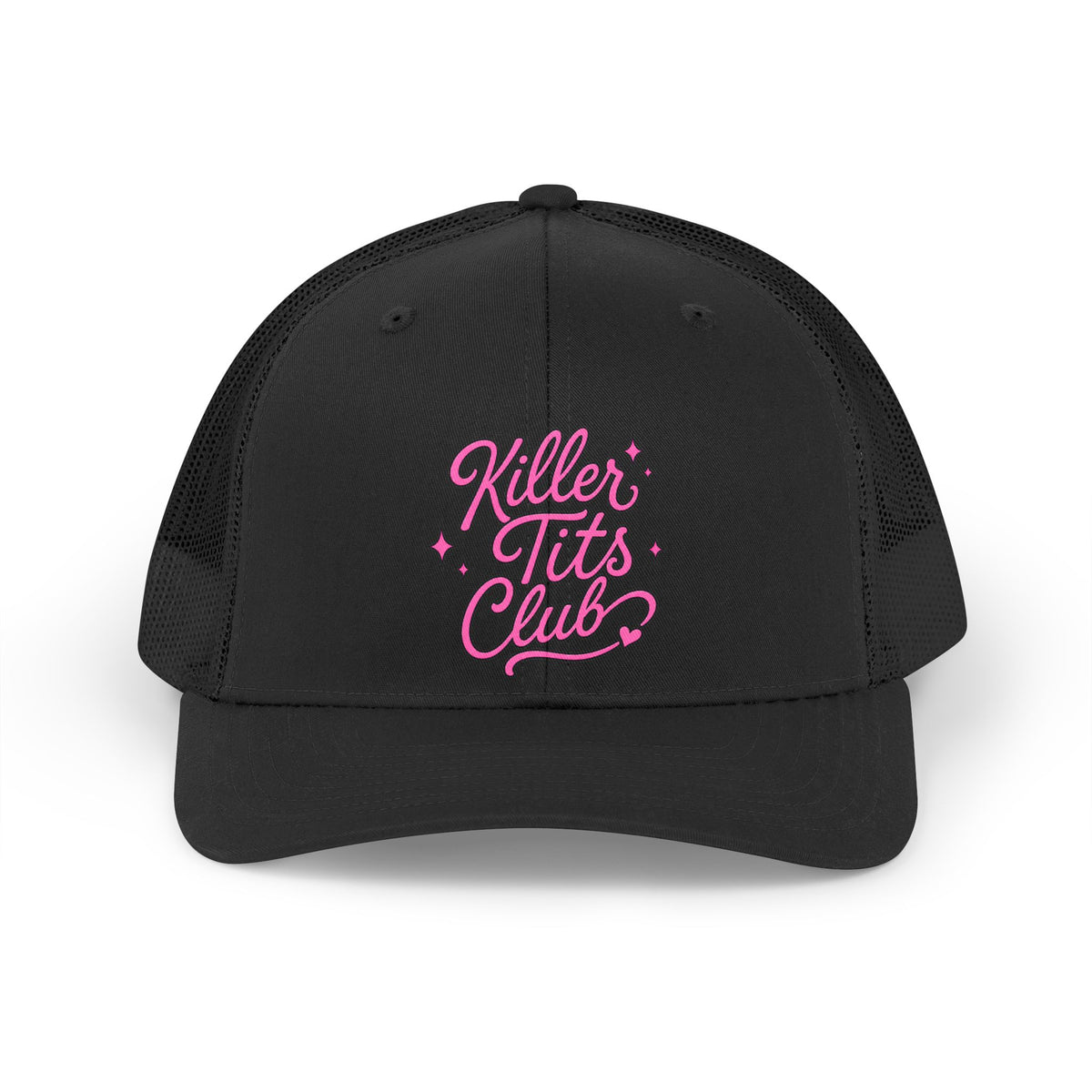 Black trucker hat with "Killer Tits Club" text in pink cursive.