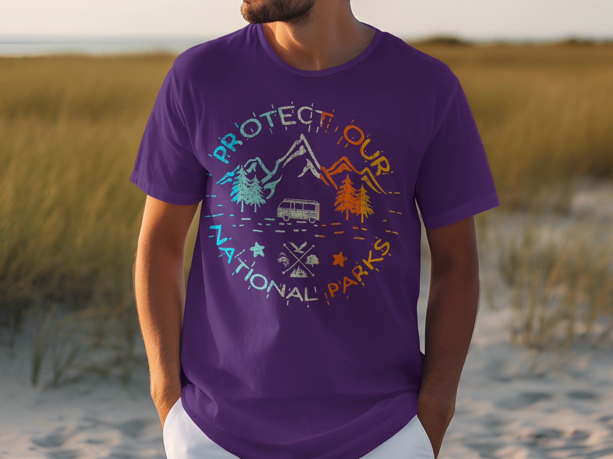 Purple t-shirt with "Protect Our National Parks" text and nature graphic.