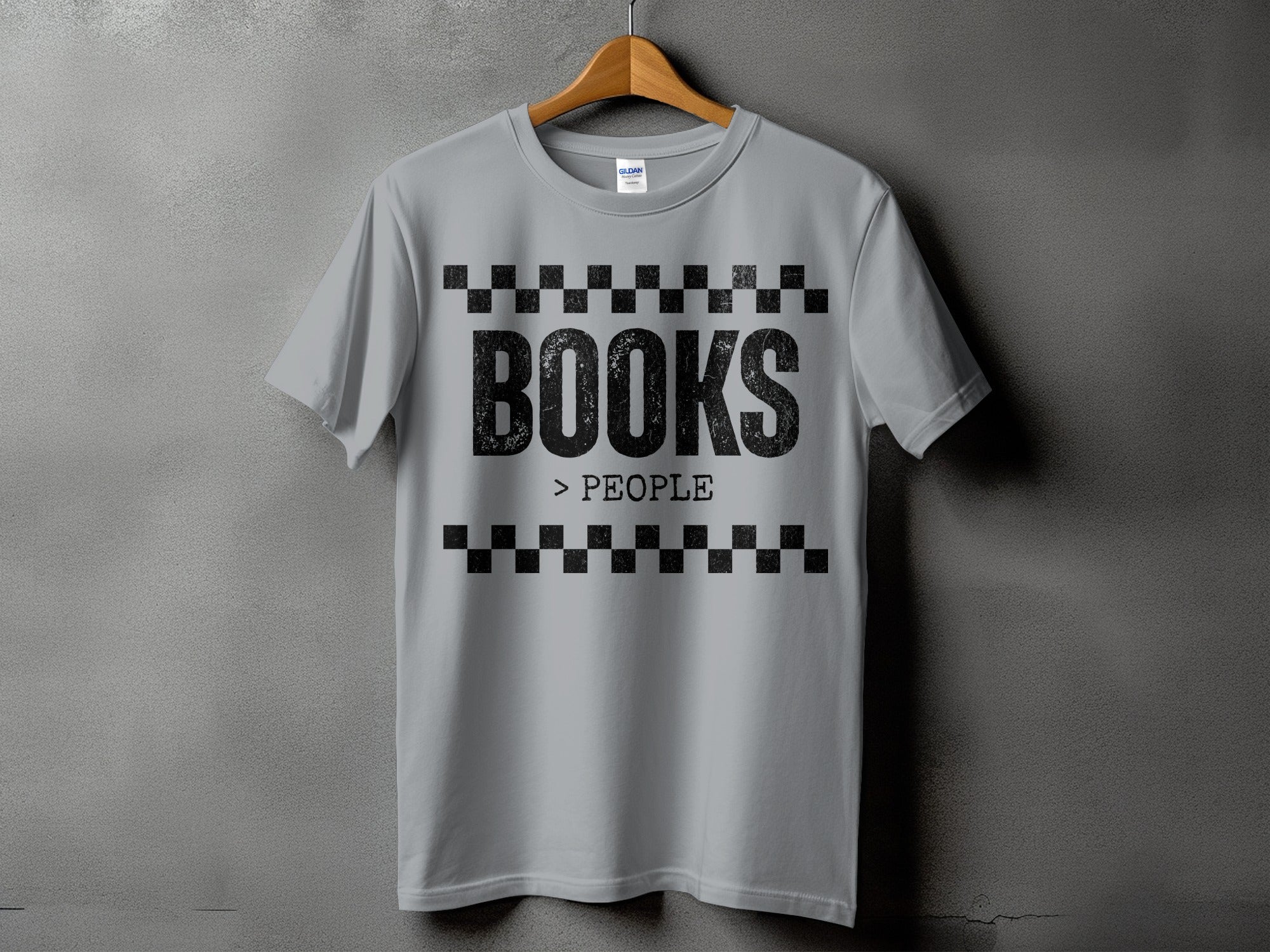 Grey t-shirt with "BOOKS > PEOPLE" graphic and checkered design.