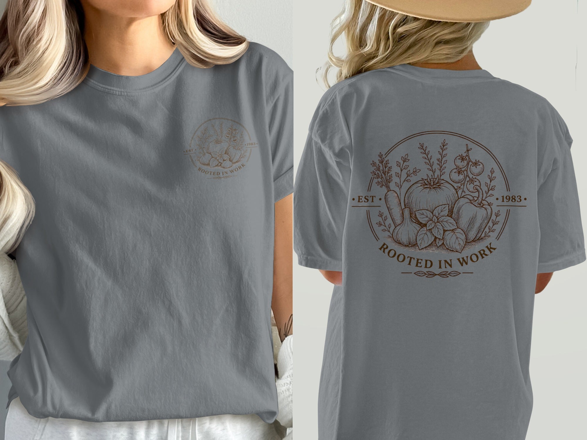 Grey t-shirt with circular logo featuring vegetables, "Rooted in Work," "Est. 1983."