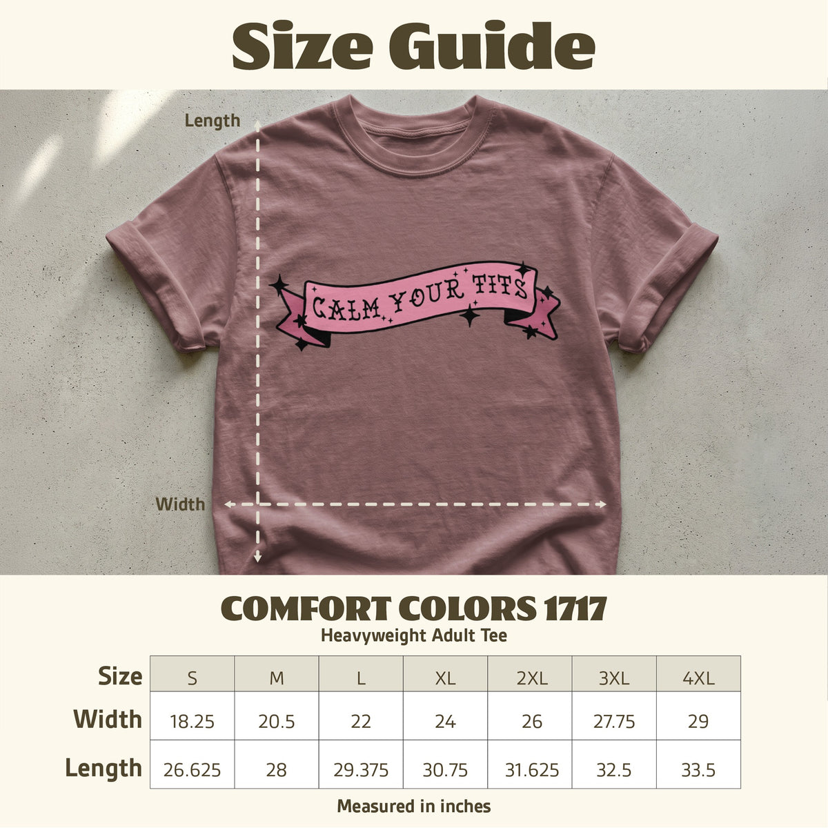 Comfort Colors 1717 heavyweight adult tee size guide with width and length measurements.