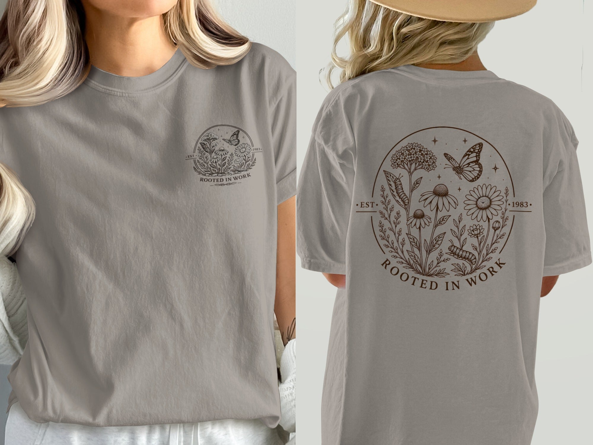 T-shirt with circular brown floral design featuring butterfly, caterpillar, and text "ROOTED IN WORK".