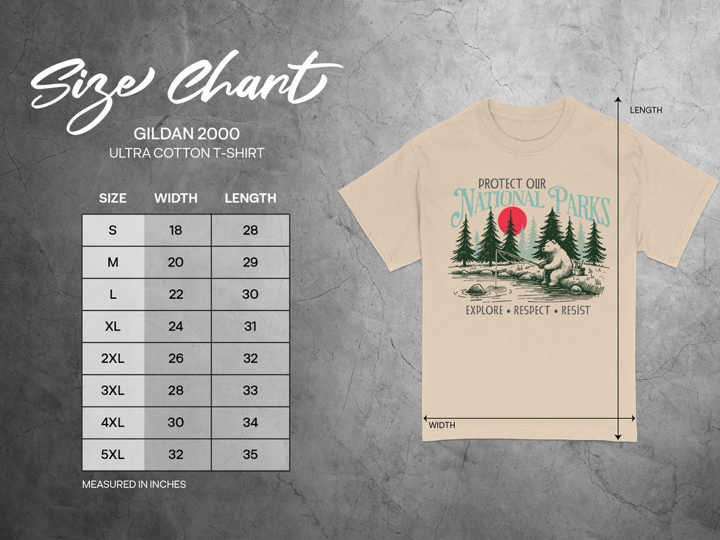 Gildan 2000 t-shirt size chart with width and length measurements in inches.