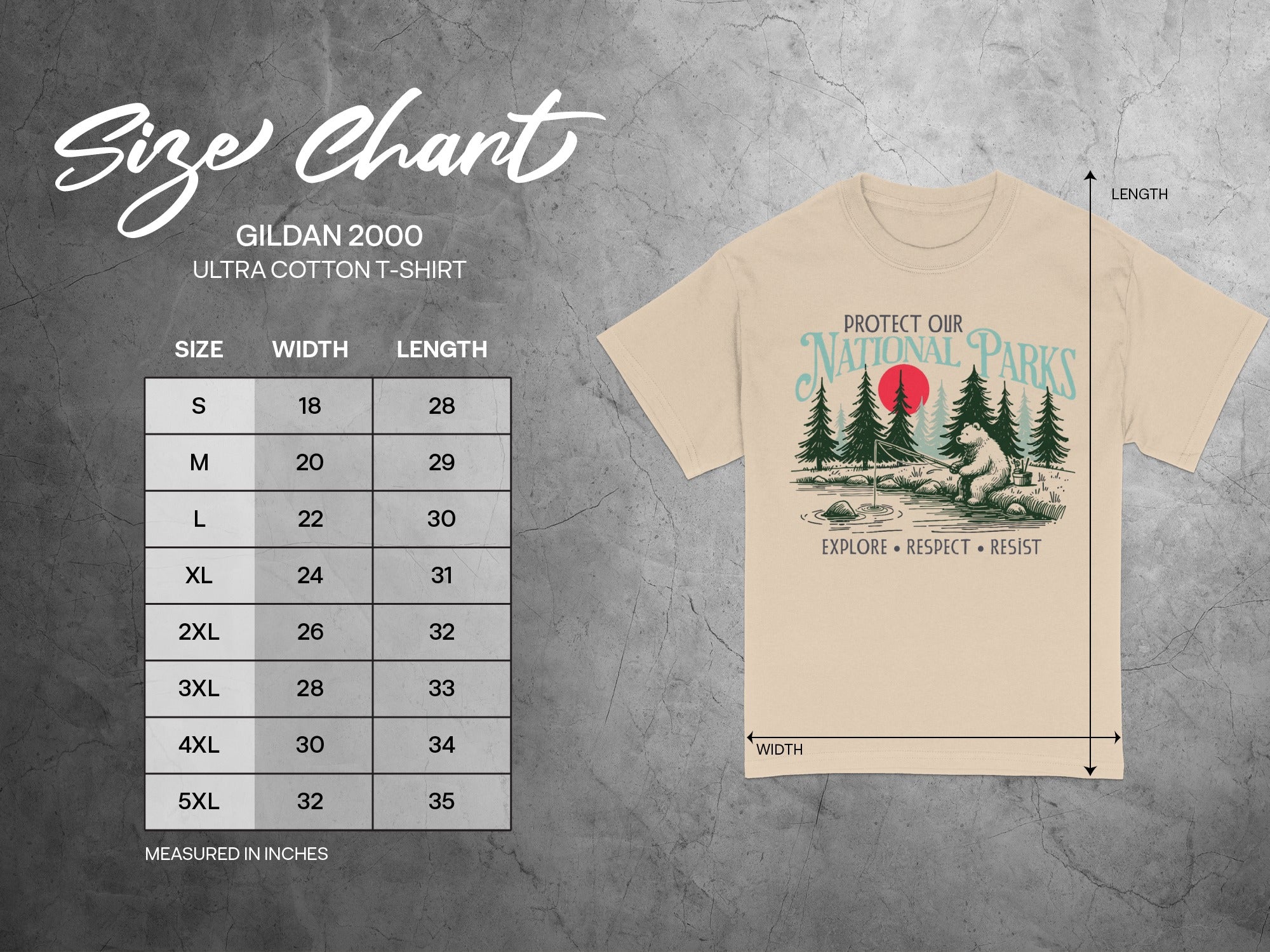 Gildan 2000 t-shirt size chart with width and length measurements in inches.