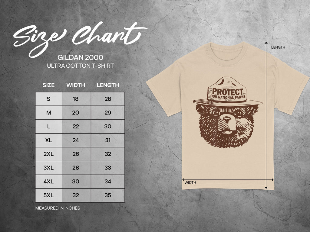 Size chart for Gildan 2000 Ultra Cotton T-Shirt with width and length measurements.