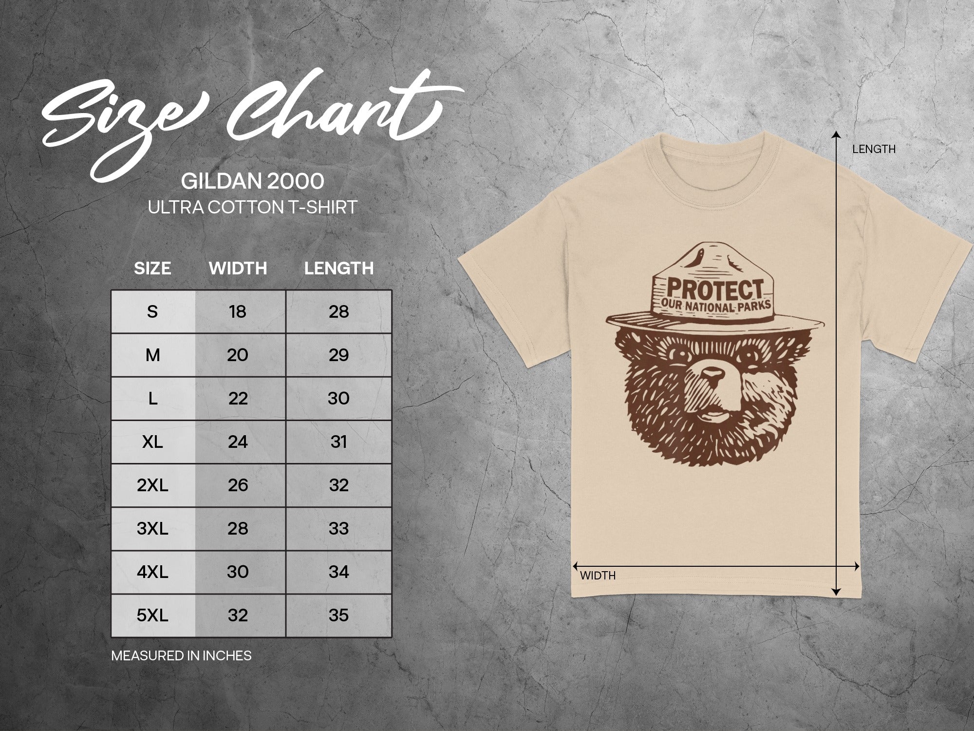 Size chart for Gildan 2000 Ultra Cotton T-Shirt with width and length measurements.