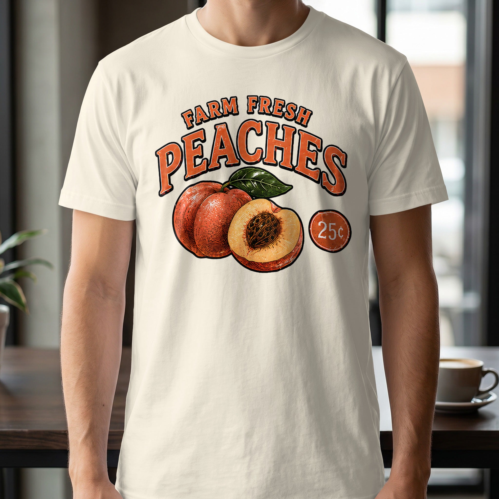 Vintage-style graphic featuring "Farm Fresh Peaches" and a price of 25 cents.