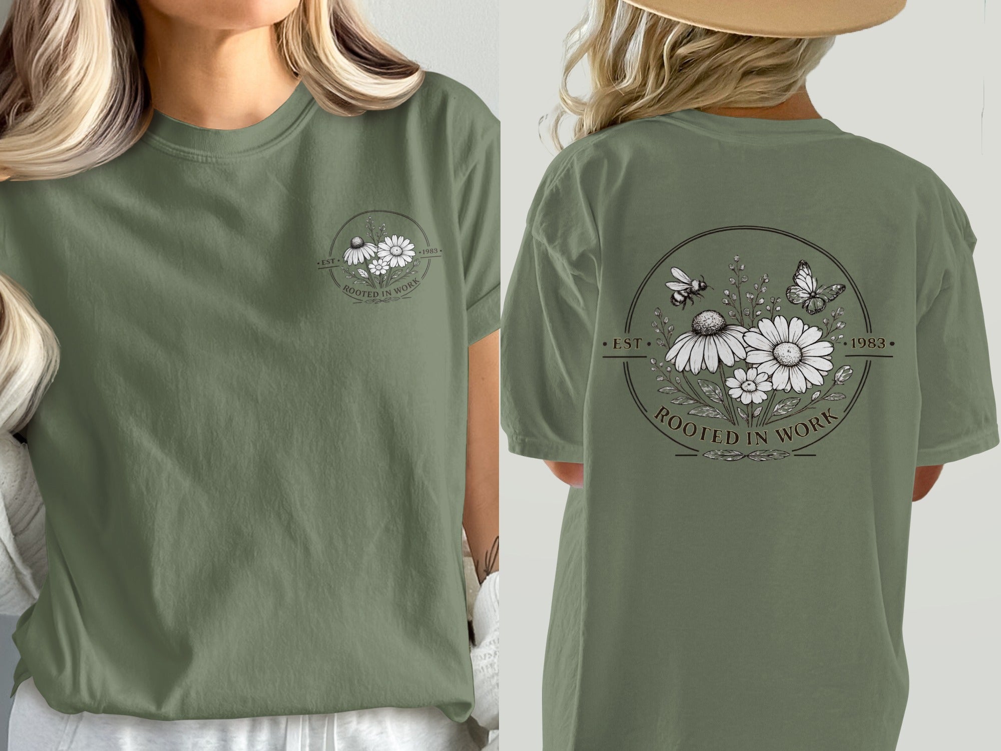 Green t-shirt with circle graphic of daisies, bees, butterflies, and text "ROOTED IN WORK EST 1983".