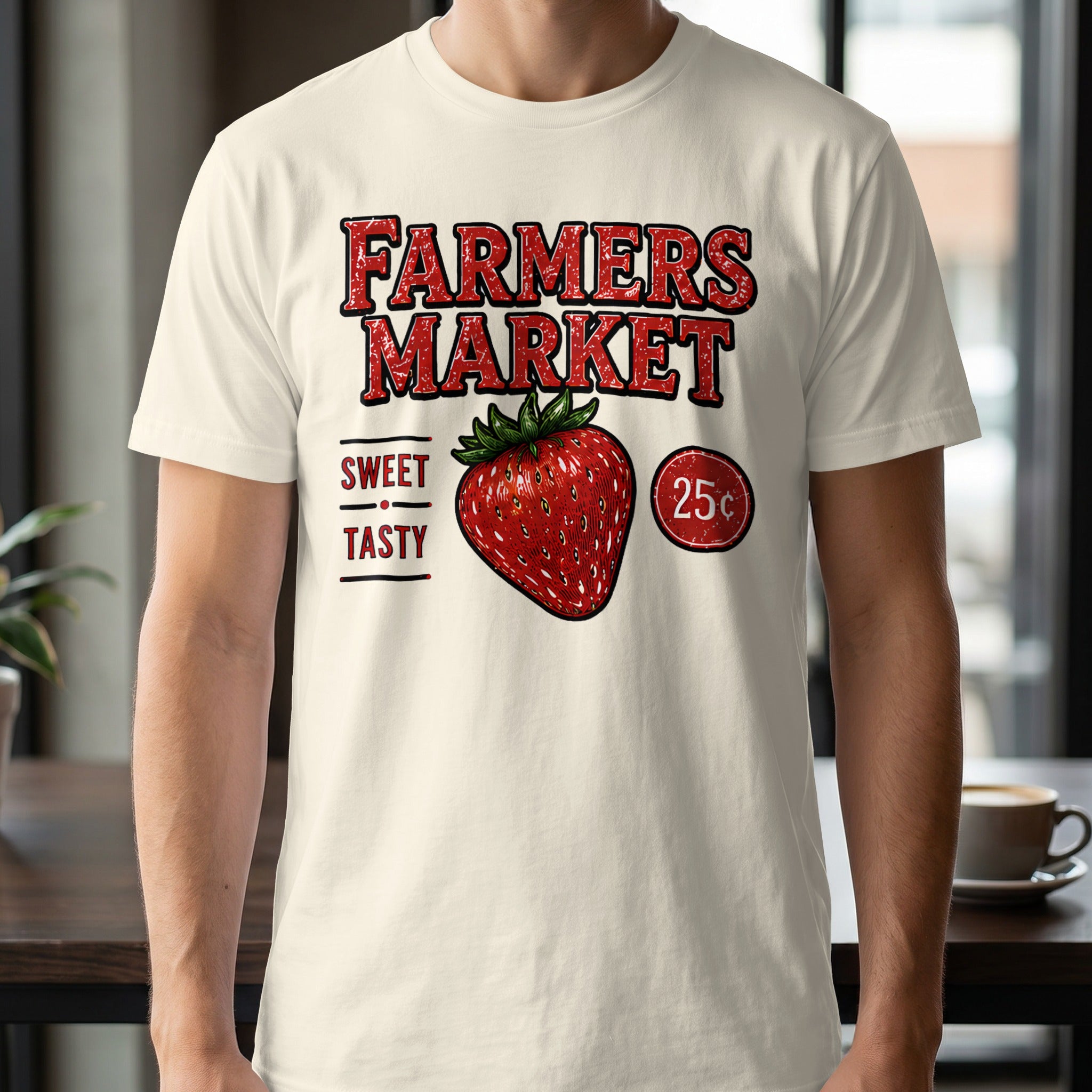 Farmers Market design on a cream t-shirt featuring strawberry and 25¢.