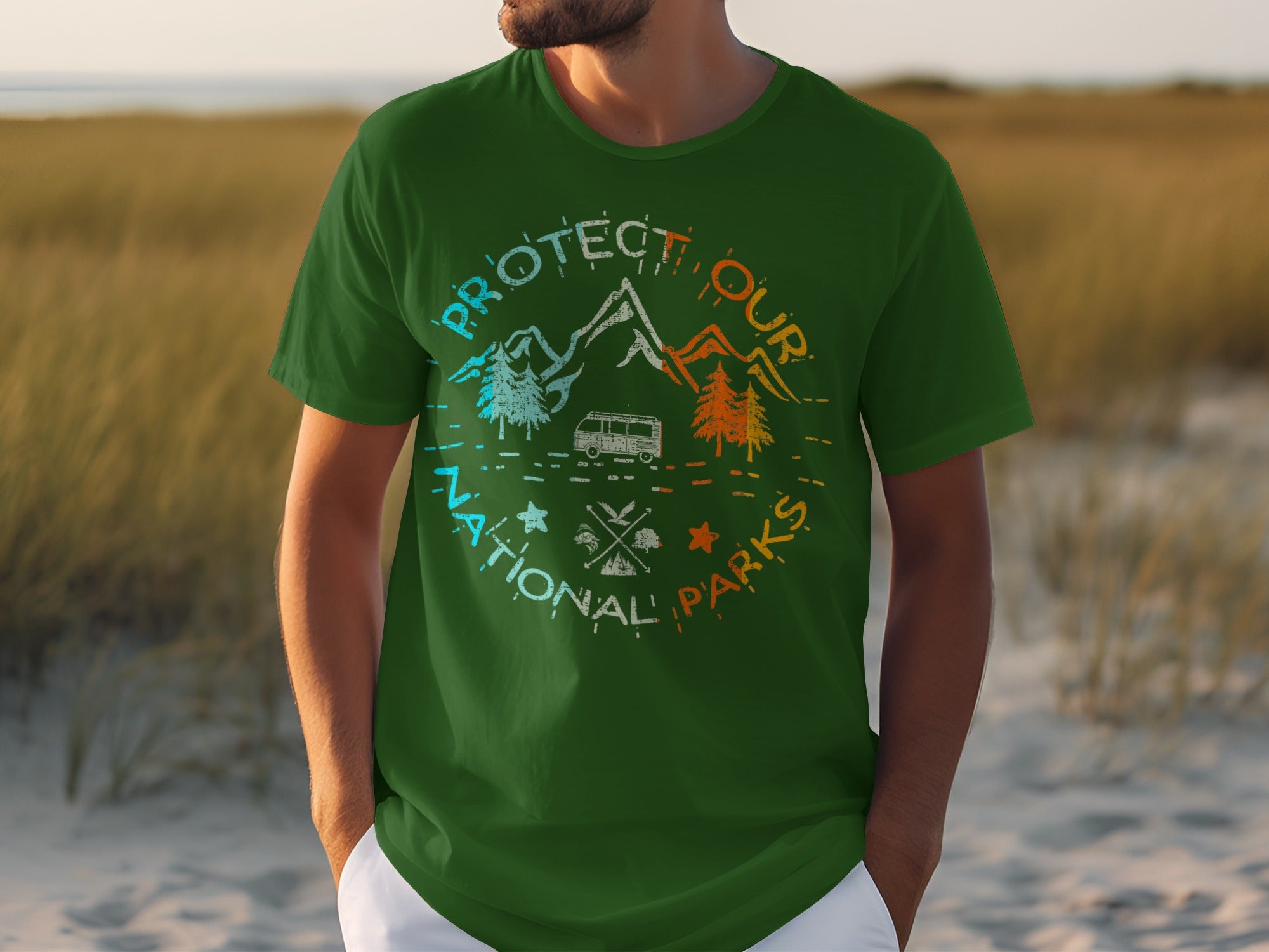 Green t-shirt with "Protect Our National Parks" text and camping illustration.