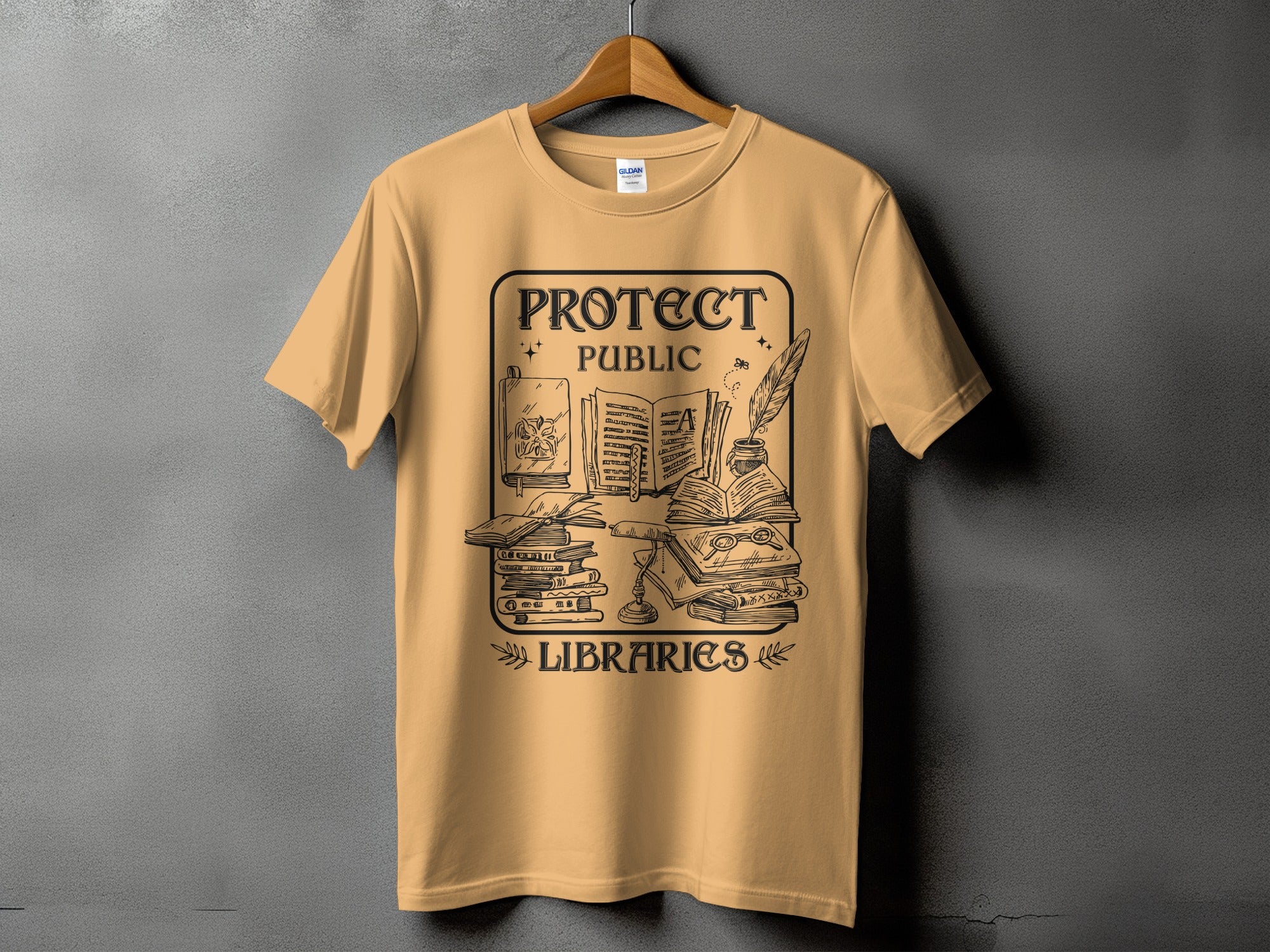 T-shirt with "PROTECT PUBLIC LIBRARIES" text and illustration of books.