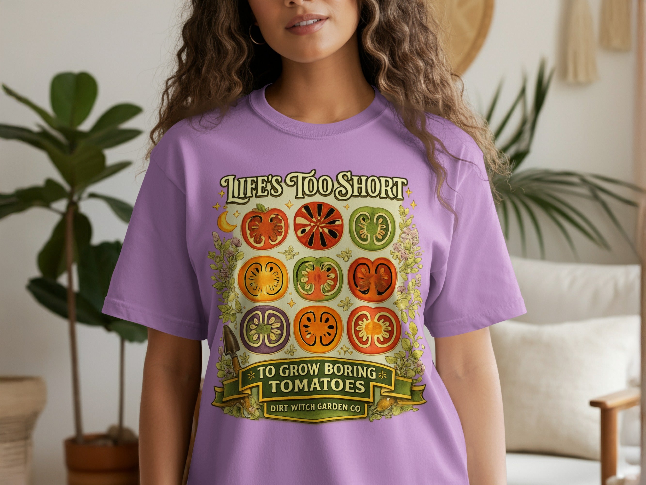 Purple t-shirt with nine tomato slices and text "Life's Too Short To Grow Boring Tomatoes".
