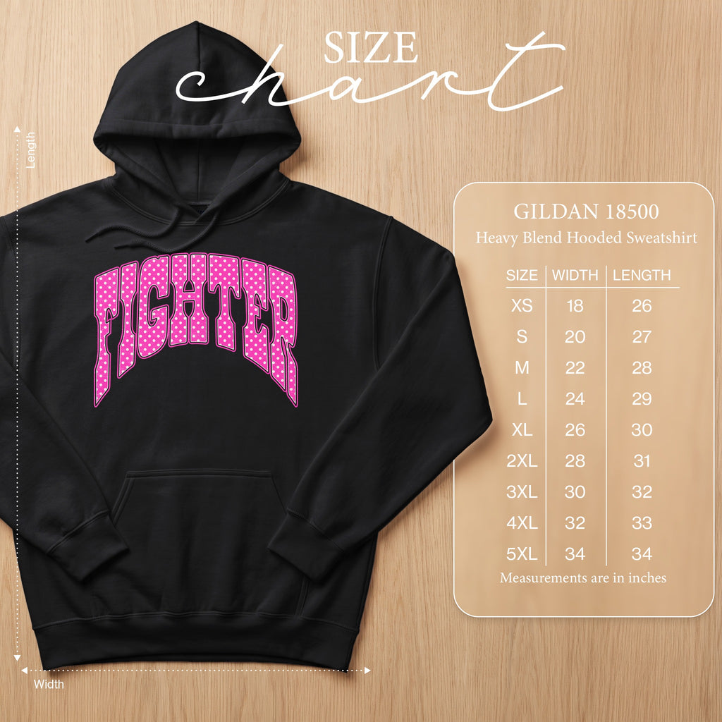 Black hoodie with "FIGHTER" graphic and GILDAN 18500 size chart.