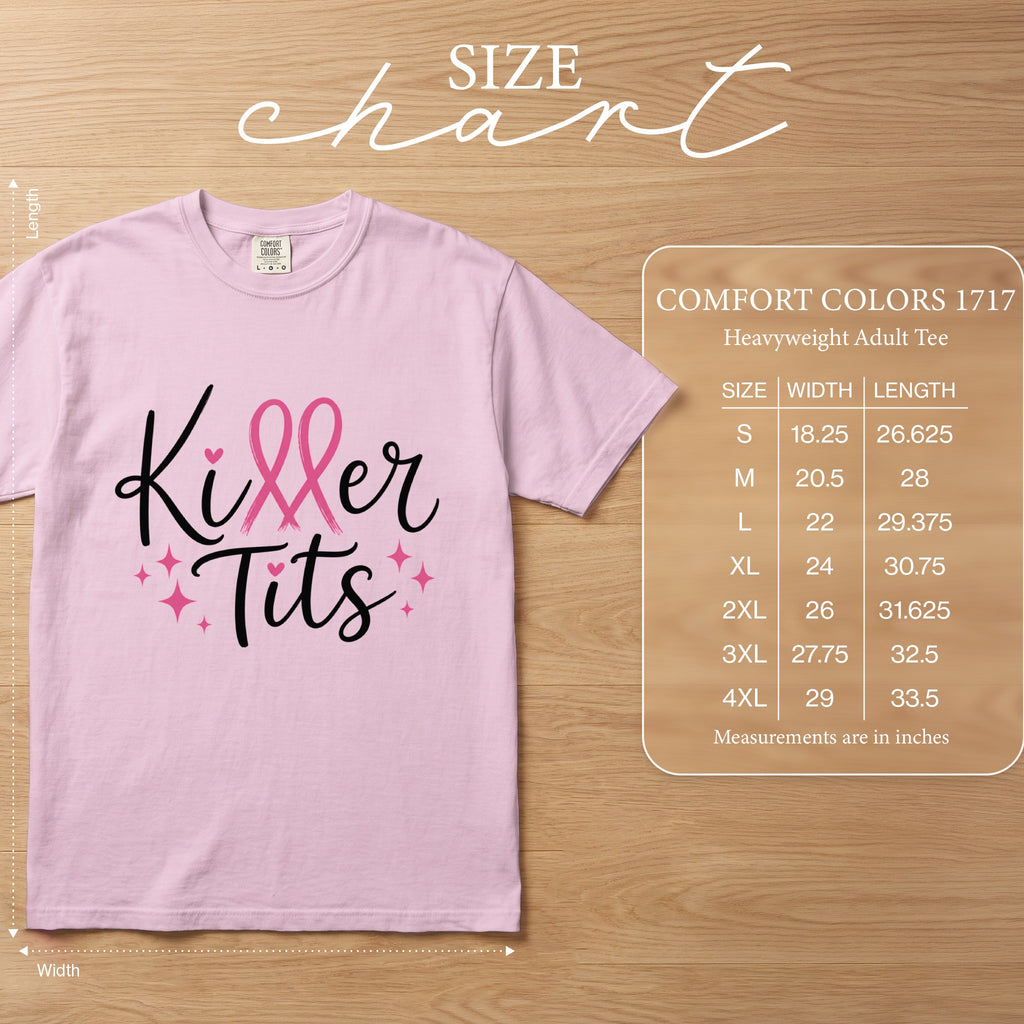 Pink Comfort Colors heavyweight adult tee with "Killer Tits" graphic and size chart.