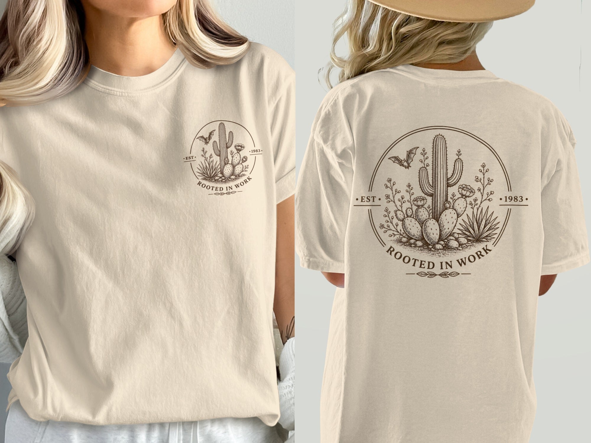 T-shirt with desert graphic featuring cactus, bat, and text.