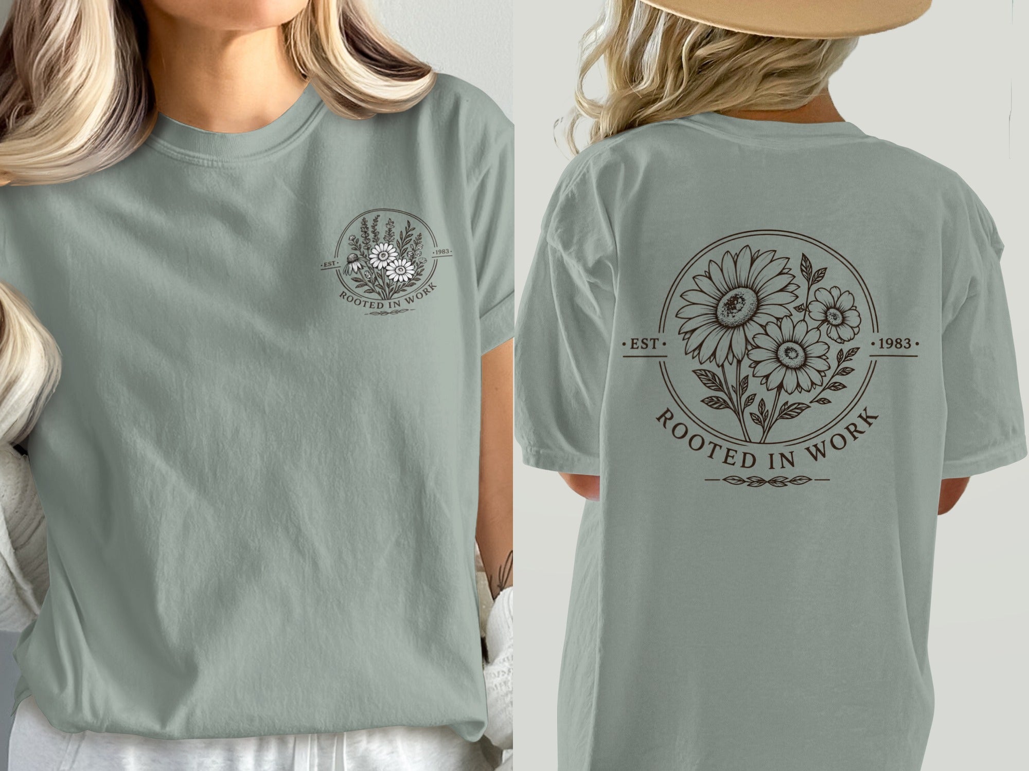 Sage green t-shirt with circular floral graphic and text "Rooted in Work 1983".