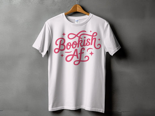 White t-shirt with pink "Bookish AF" text and stars.