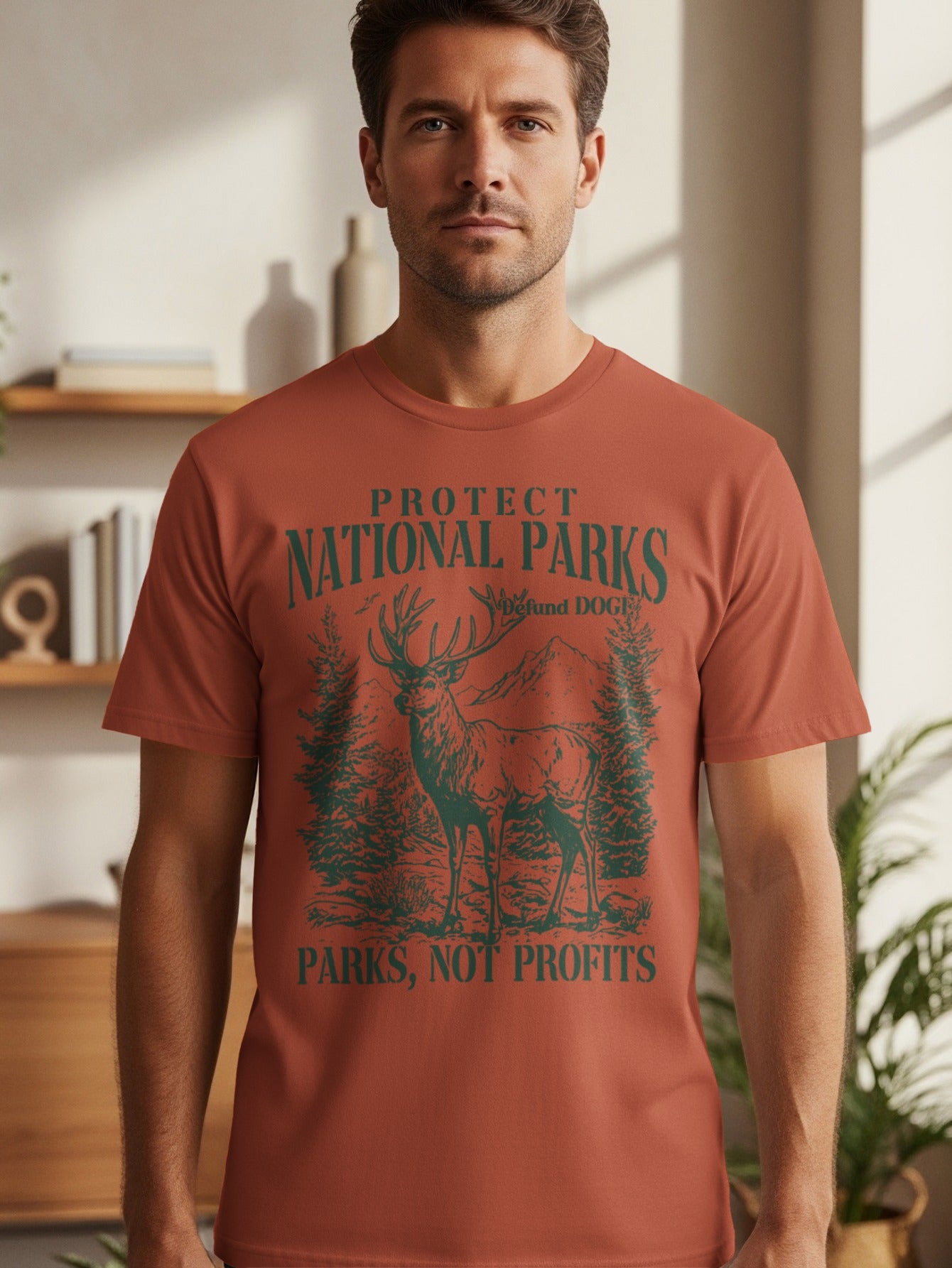 Terracotta t-shirt with graphic of deer, trees, mountains, and text "Protect National Parks, Parks Not Profits".