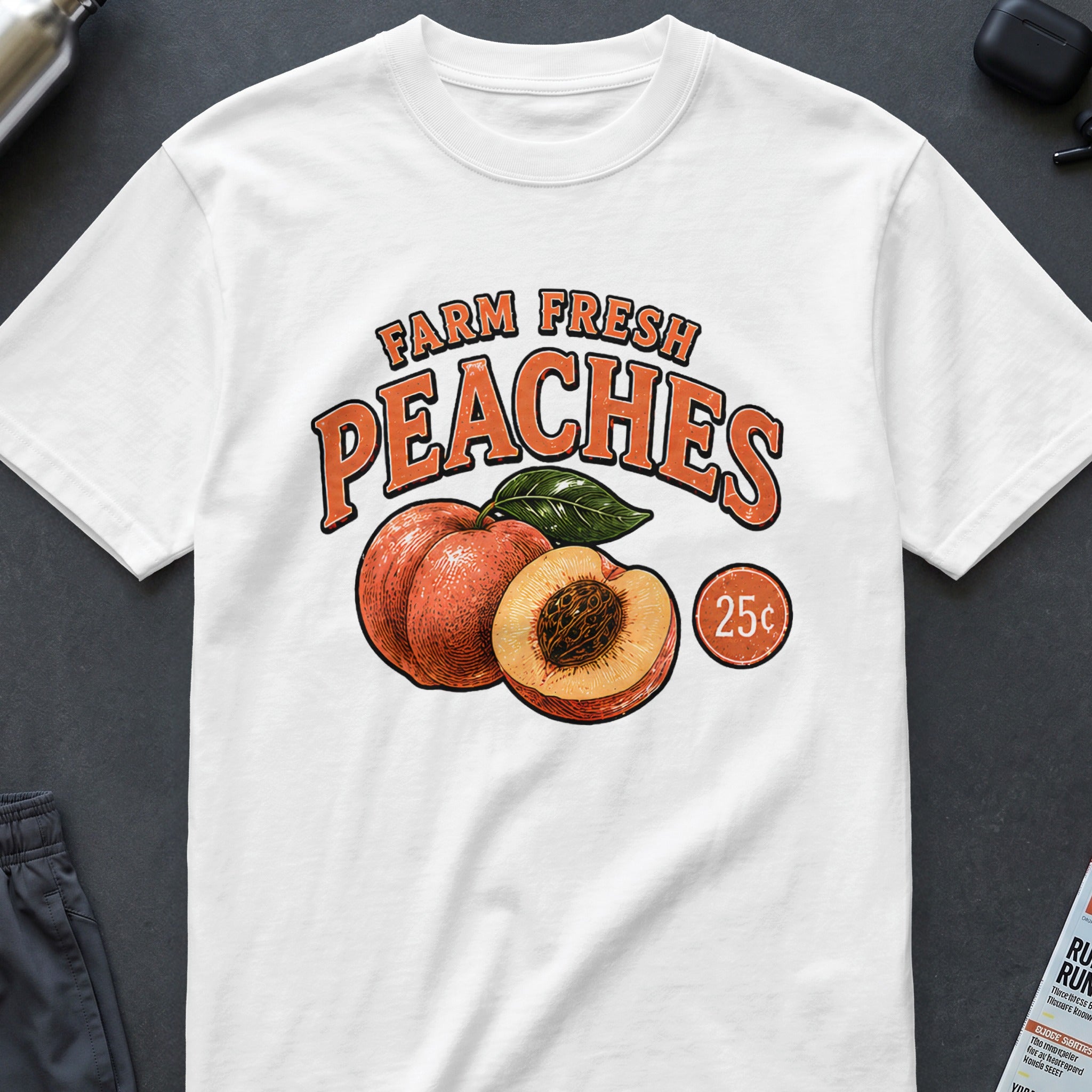 White t-shirt with "Farm Fresh Peaches" graphic and a whole and halved peach.