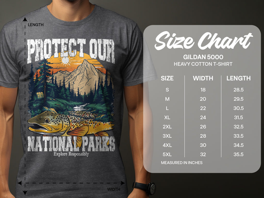 T-shirt with "Protect Our National Parks" graphics and a size chart.