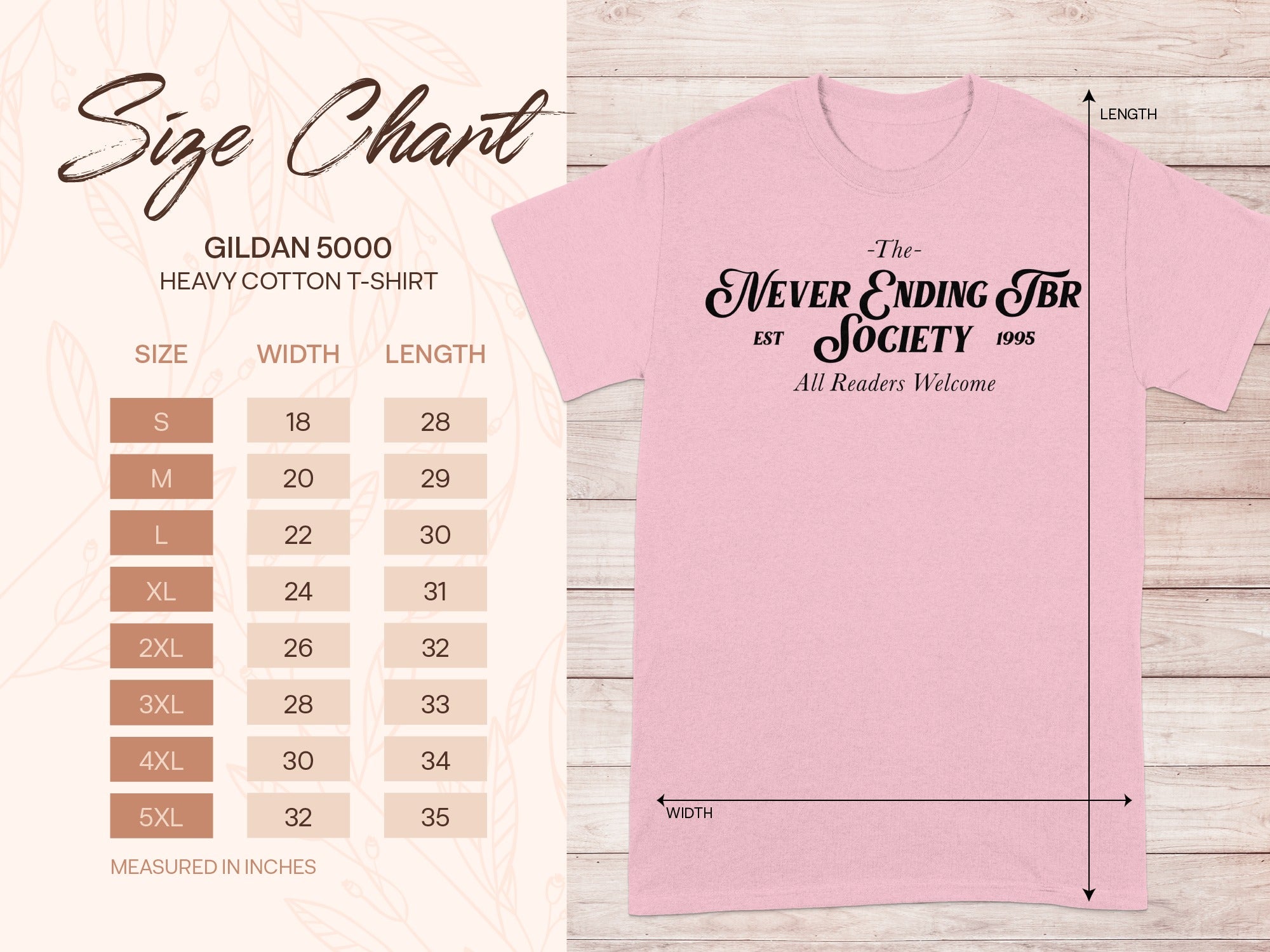 Gildan 5000 heavy cotton t-shirt size chart showing width and length measurements for sizes S-5XL.