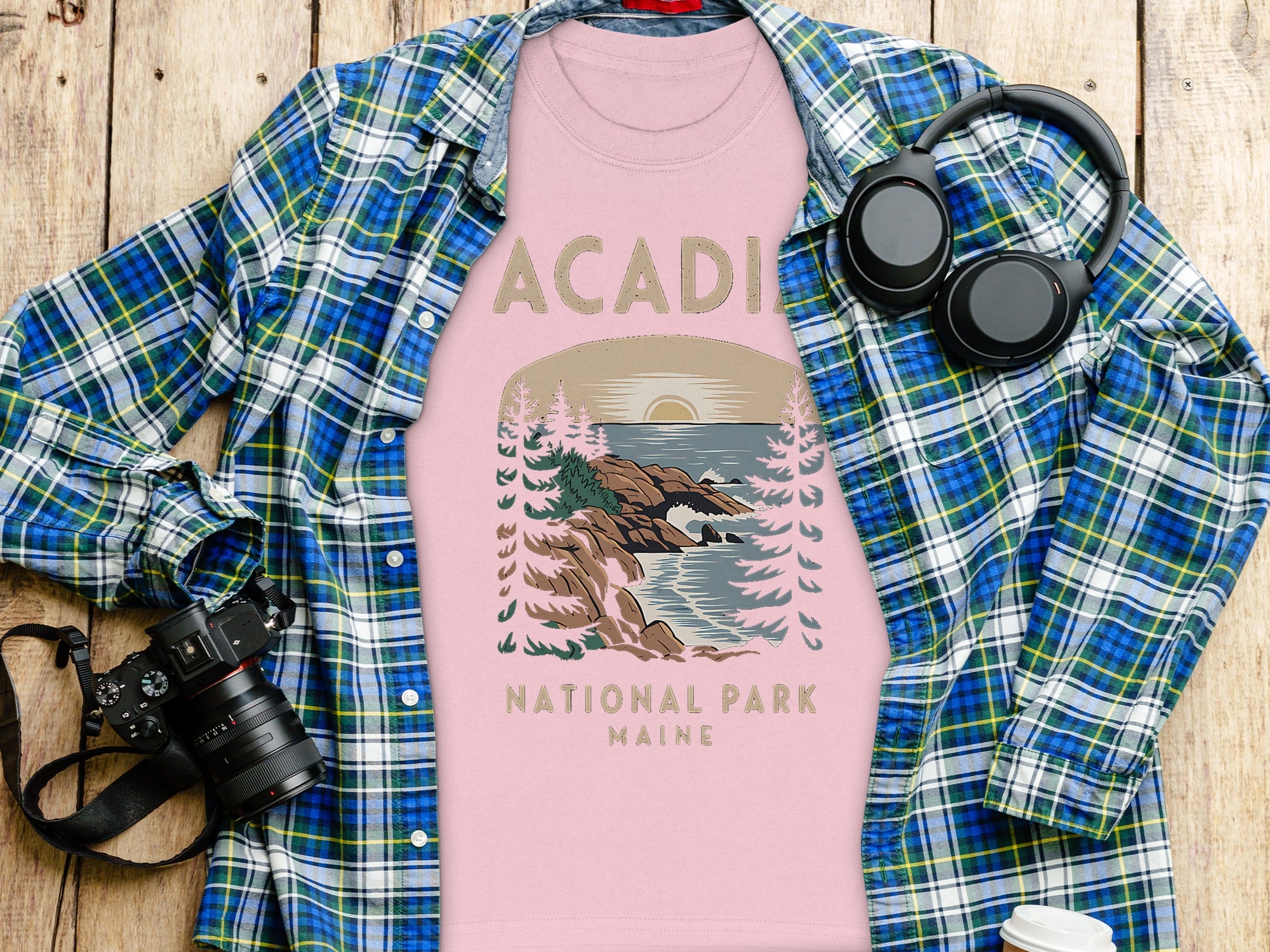 Pink t-shirt with "Acadia National Park Maine" graphic and landscape scene.