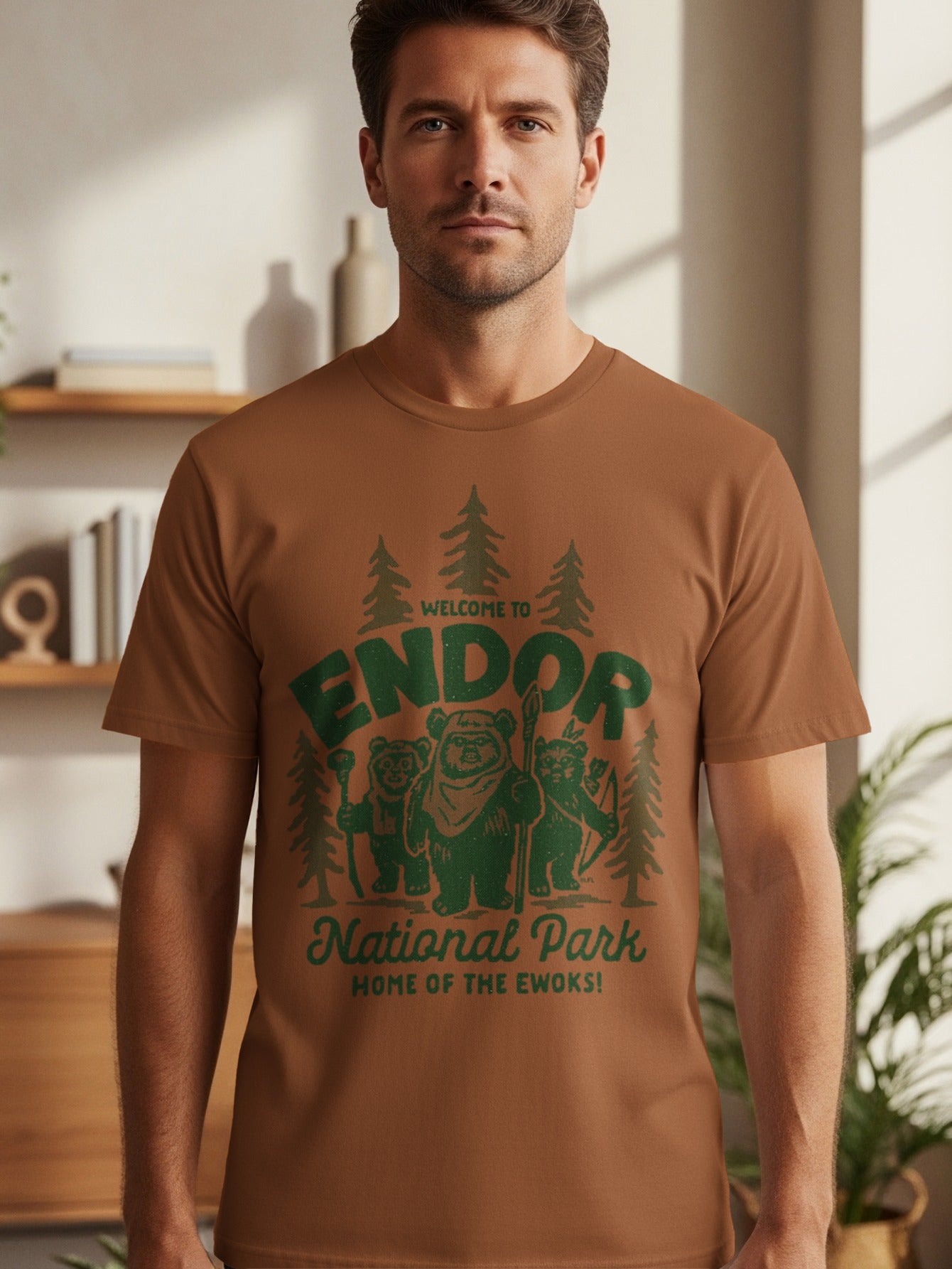 Brown t-shirt with green graphic: Welcome to Endor National Park, Home of the Ewoks!