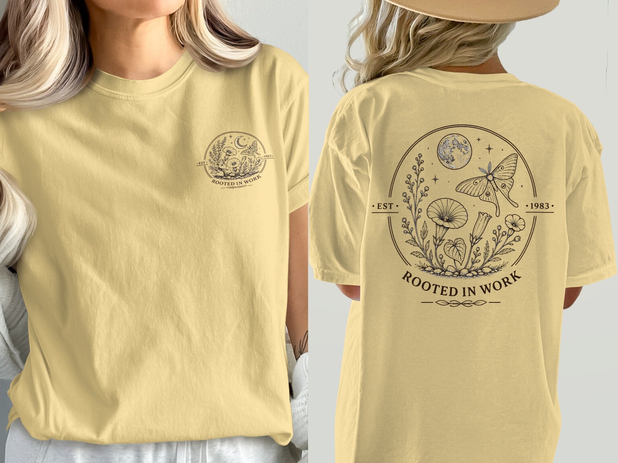 Yellow t-shirt with a circular nature graphic featuring a moth, moon, and plants.