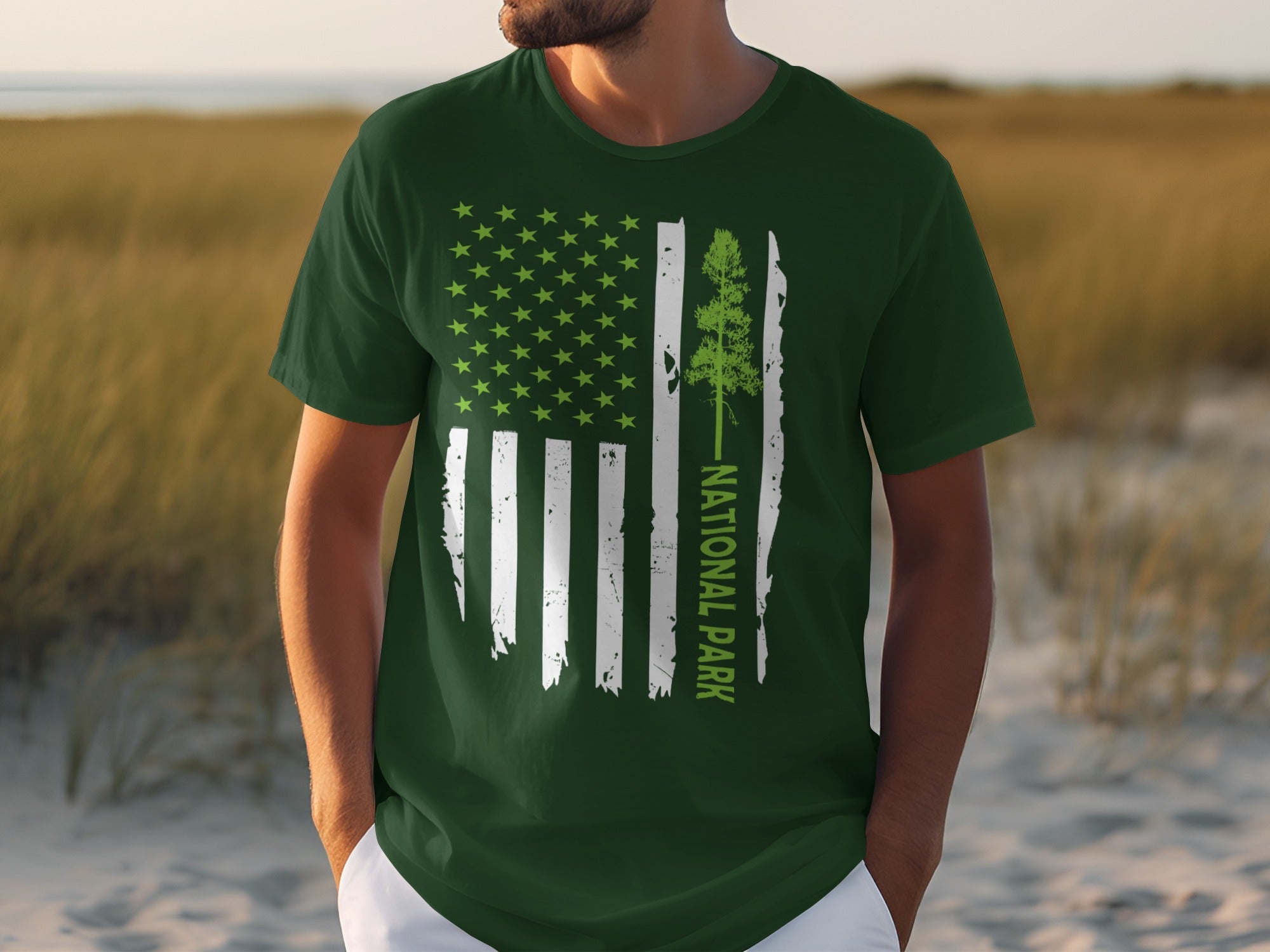 Green t-shirt with distressed American flag graphic featuring a tree and text "NATIONAL PARK."