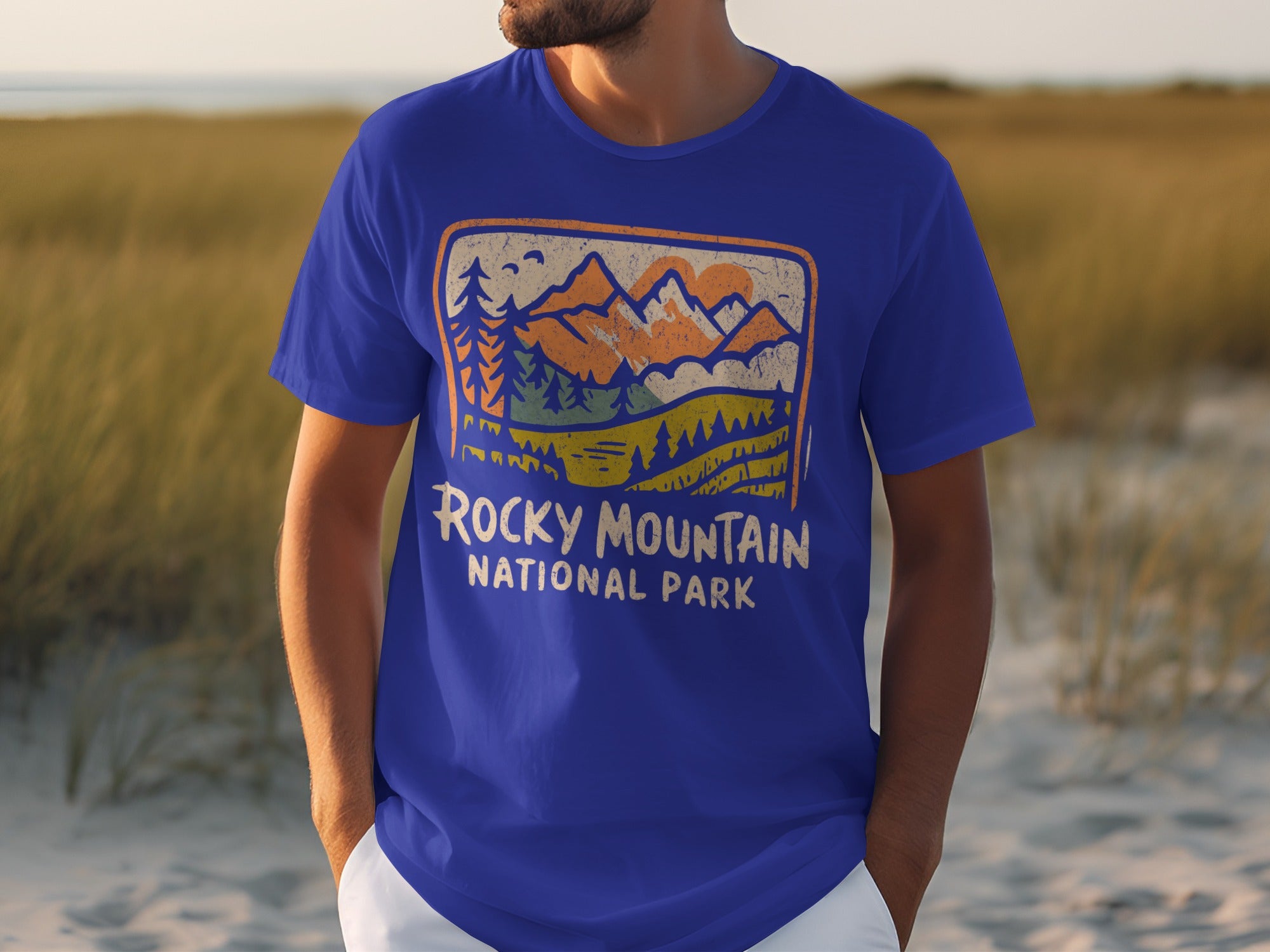 Blue t-shirt with Rocky Mountain National Park graphic design and text