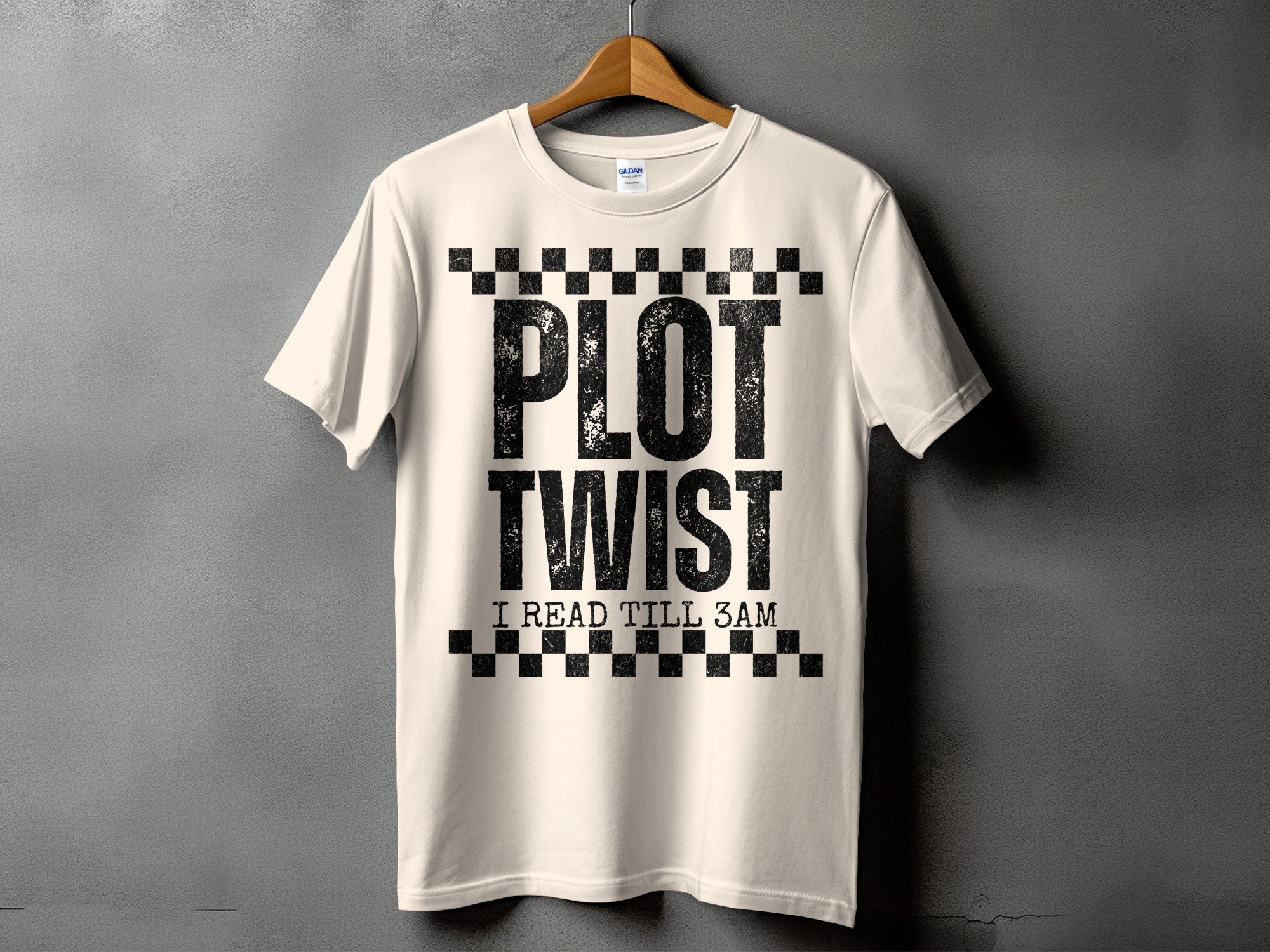 Cream t-shirt with black text "PLOT TWIST I READ TILL 3AM"