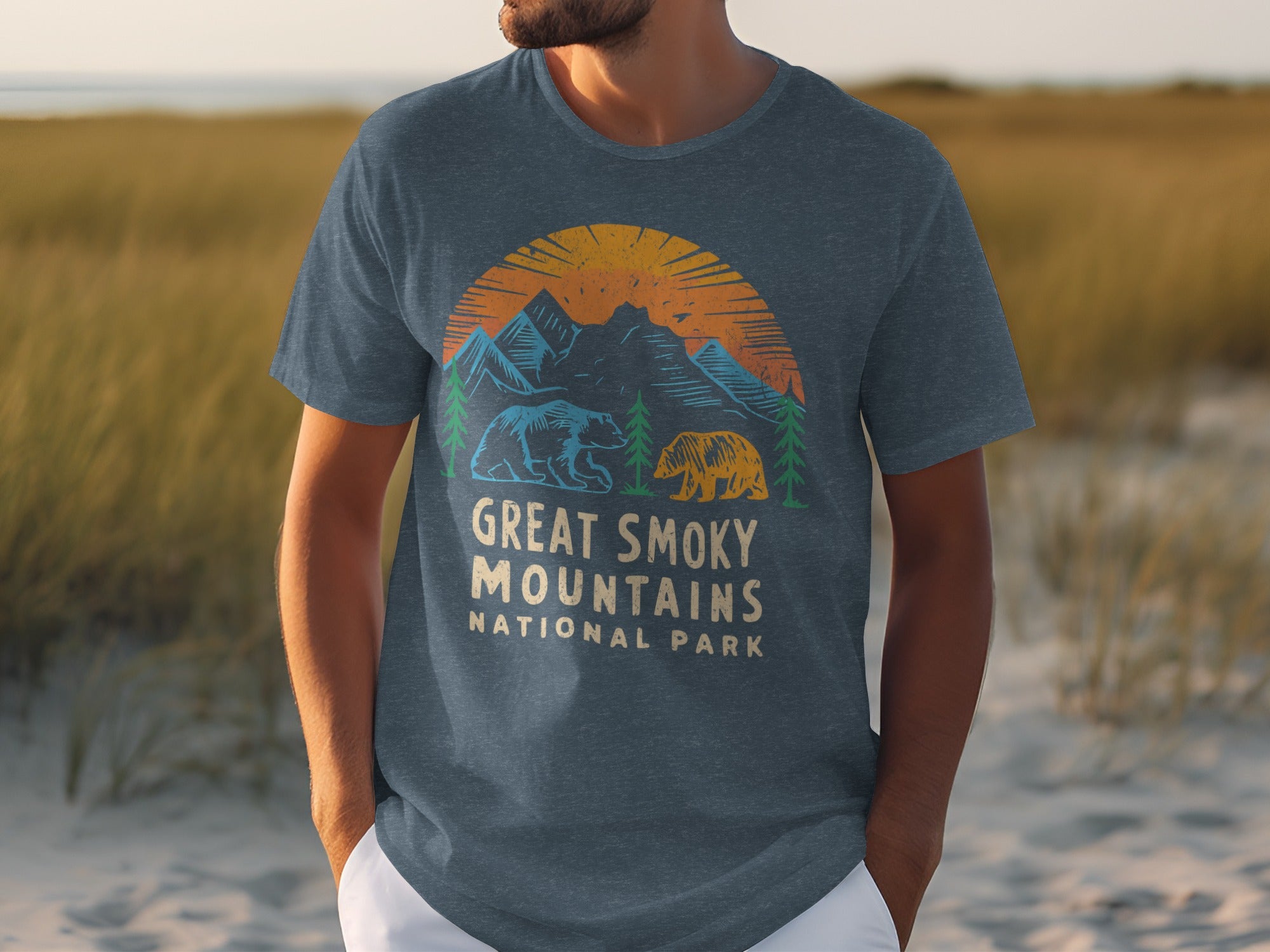 Great Smoky Mountains National Park graphic on a t-shirt with bears and mountains.