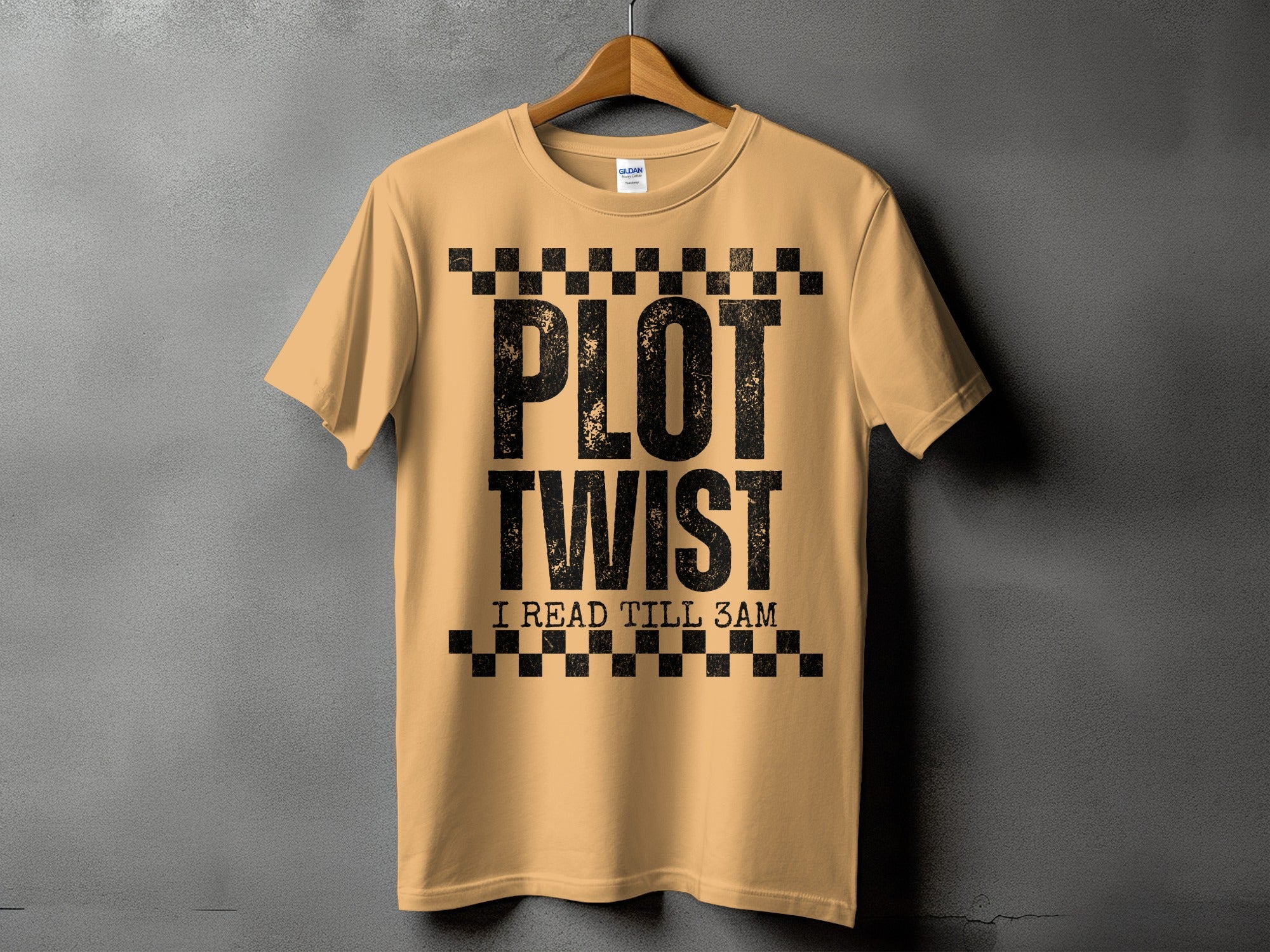 Peach t-shirt with black distressed text "PLOT TWIST I READ TILL 3AM".