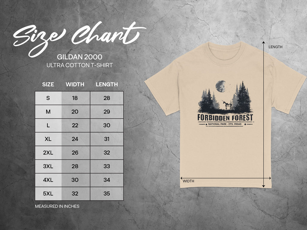 Gildan 2000 Ultra Cotton t-shirt size chart measuring width and length in inches.