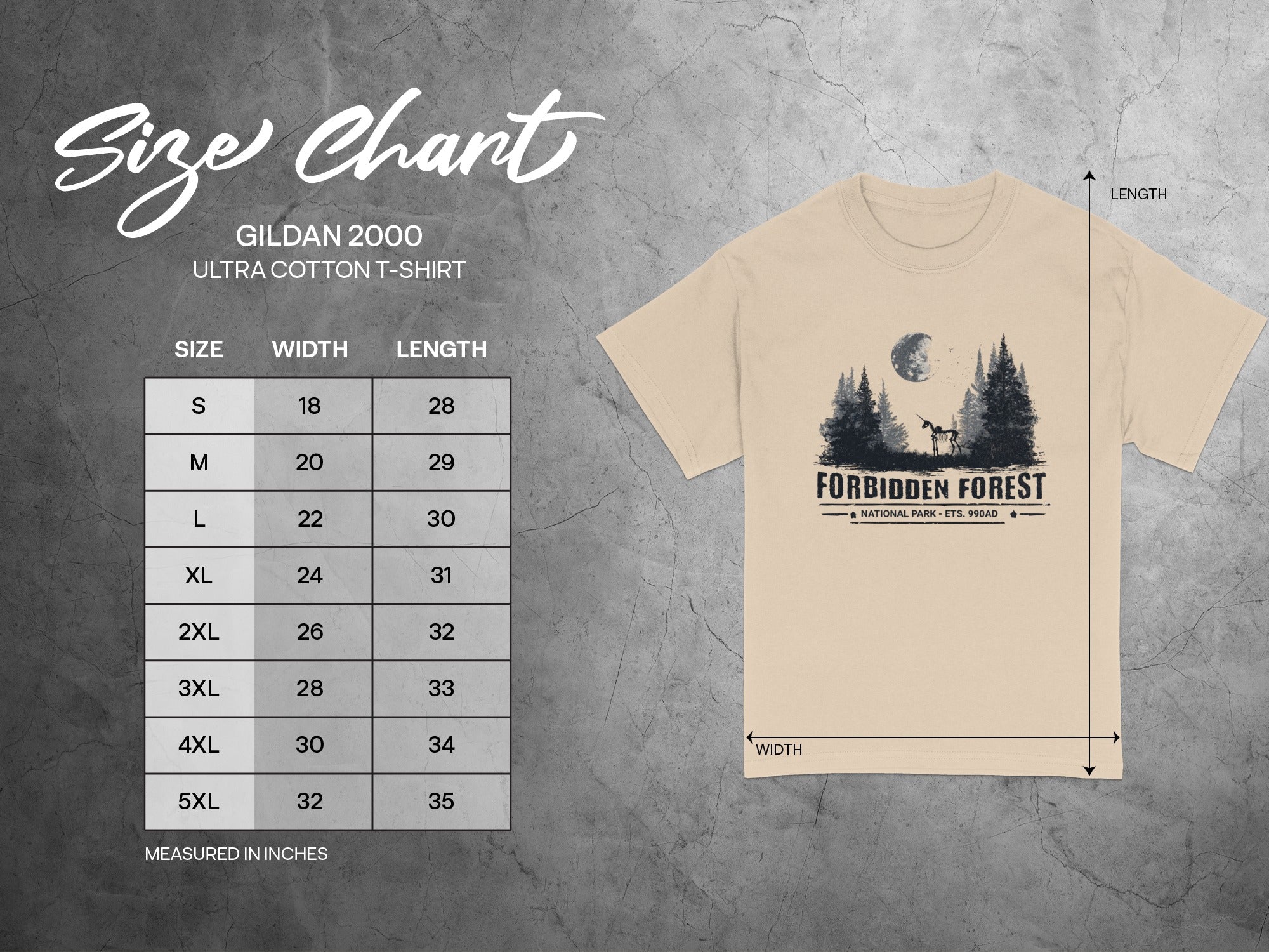 Gildan 2000 Ultra Cotton t-shirt size chart measuring width and length in inches.