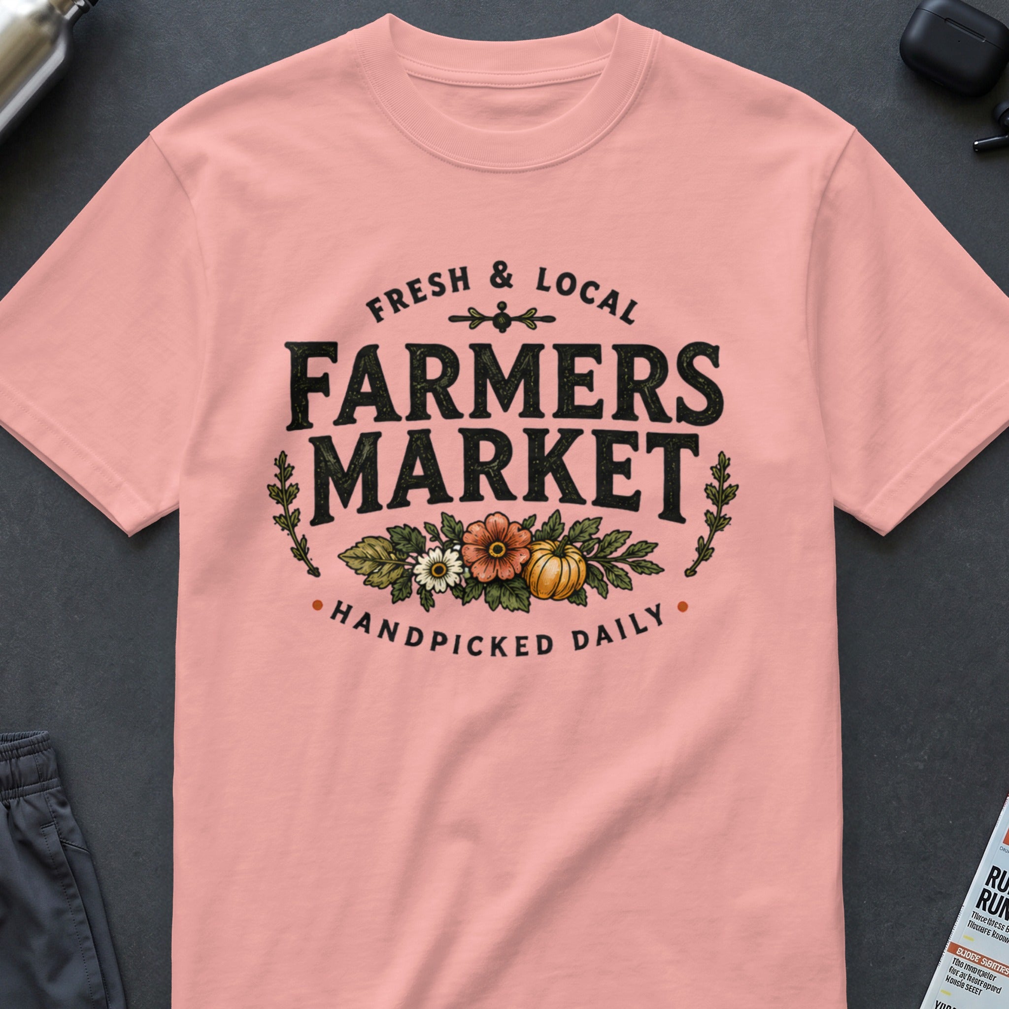 Pink t-shirt with "Farmers Market" text and floral illustration.