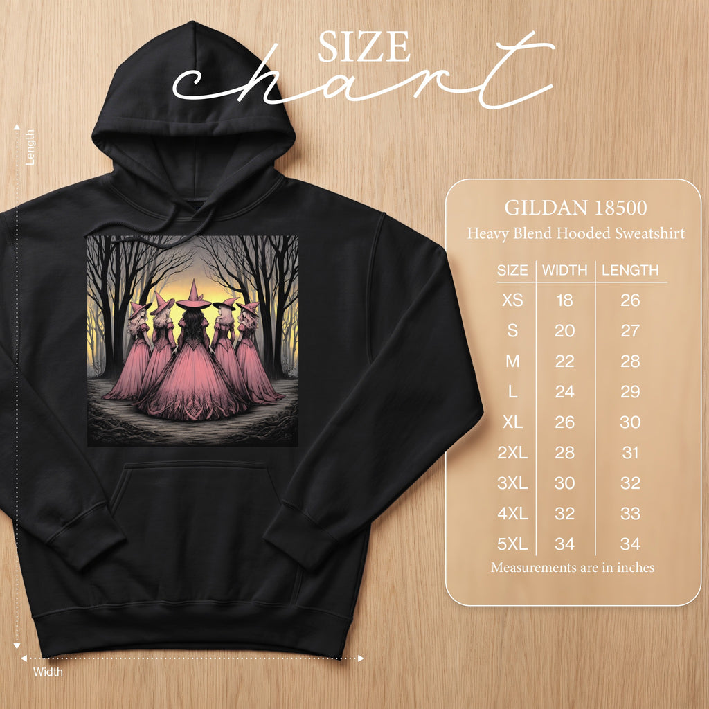 Black Gildan 18500 hoodie with witch graphic and size chart.