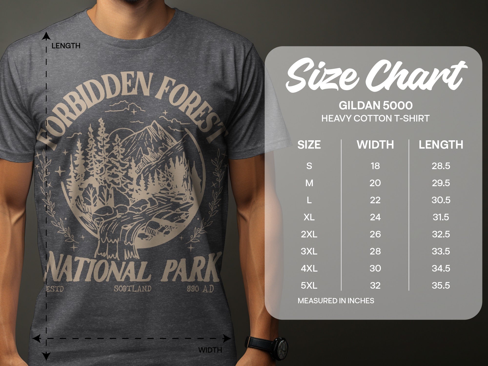Gildan 5000 t-shirt size chart with detailed measurements for width and length.