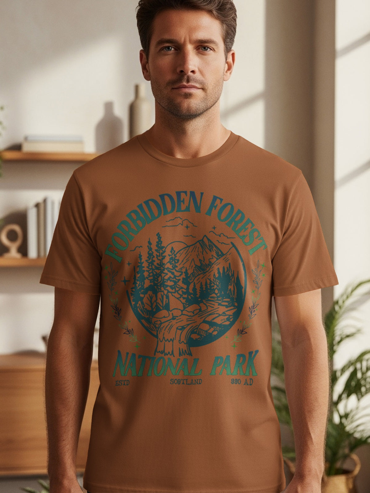 Brown t-shirt with "Forbidden Forest National Park Scotland 990 AD" graphic.