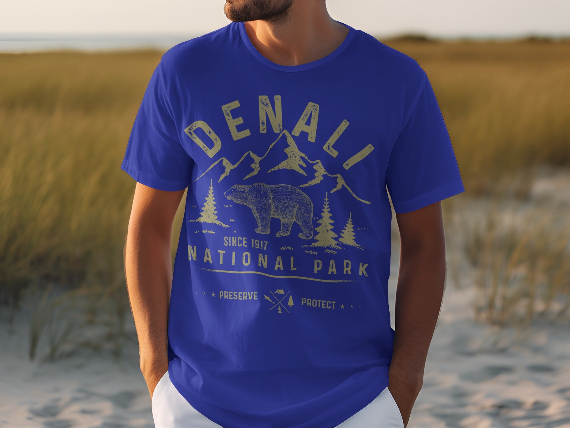 Men's royal blue t-shirt with Denali National Park graphic including mountains, bear, and trees.