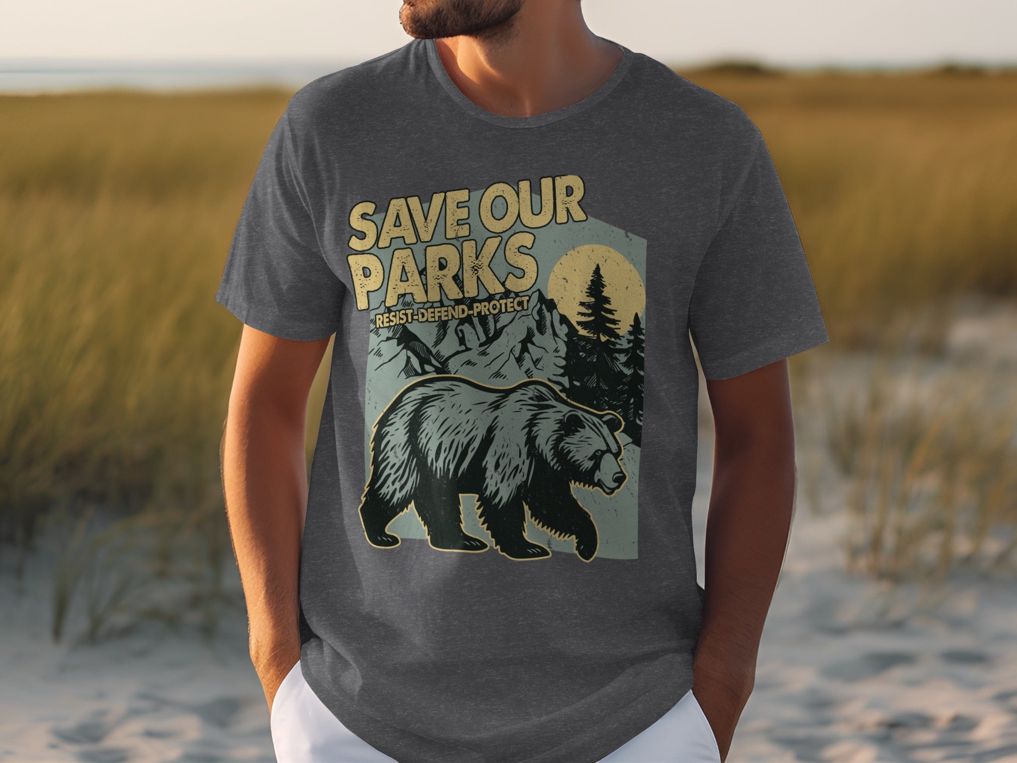 T-shirt graphic: "Save Our Parks" with bear and mountains.