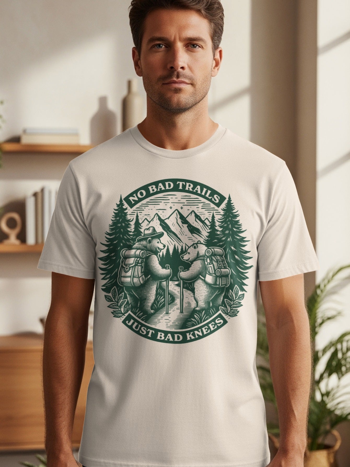 T-shirt graphic with bears hiking and "No Bad Trails Just Bad Knees" text.